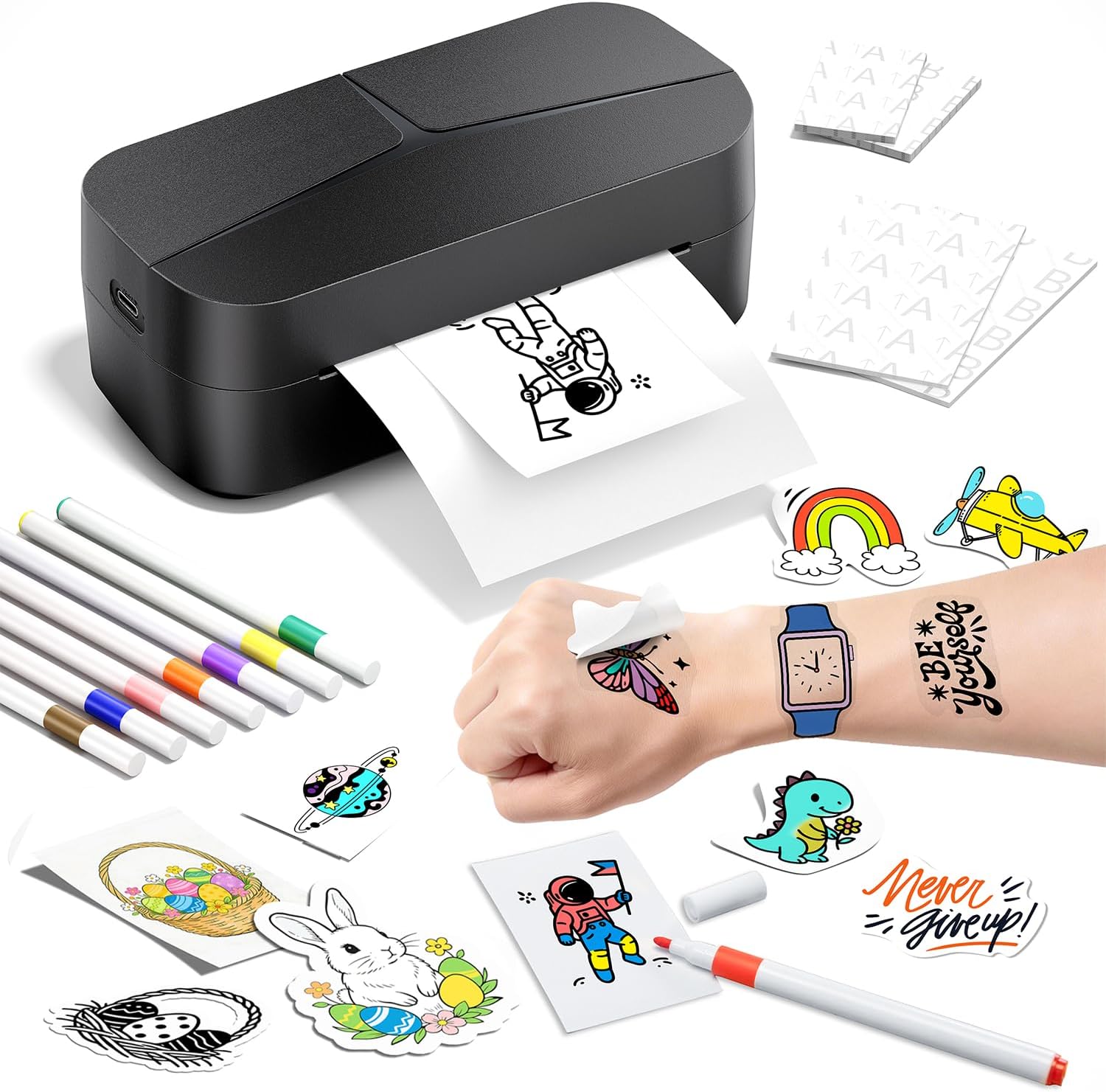 Phomemo TK32 AI Temporary Tattoos Maker for Kids, Temporary Tattoo Printer for DIY Personalised Temporary Tattoos with 50 Papers & 8 Markers, tattoo kit for Ages 6+ Kids Gifts