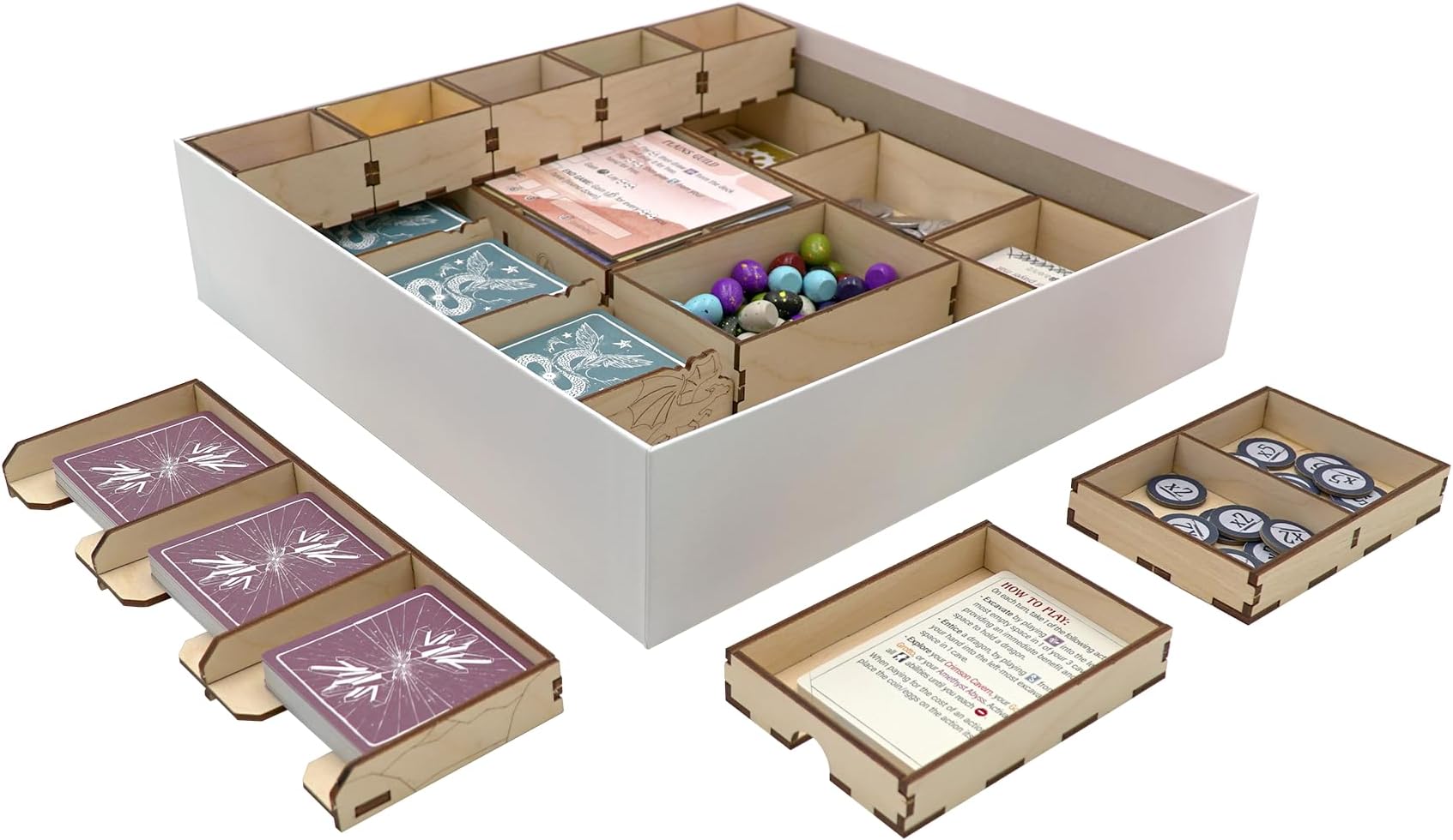 The Broken Token Game Organizer Compatible with Wyrmspan - Wooden Game Organizing Box with Multiple Trays