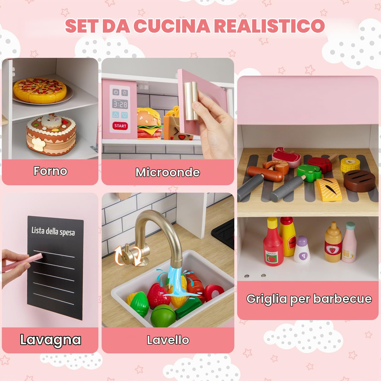 HOMASIS Cucina Giocattolo per Bambini in Legno, Cucina Bambina con Macchina per Fare Gelati, Set da Cucinetta con Luci e Suoni per Bambini dai 3+ Anni, 92x30x98cm (Rosa)