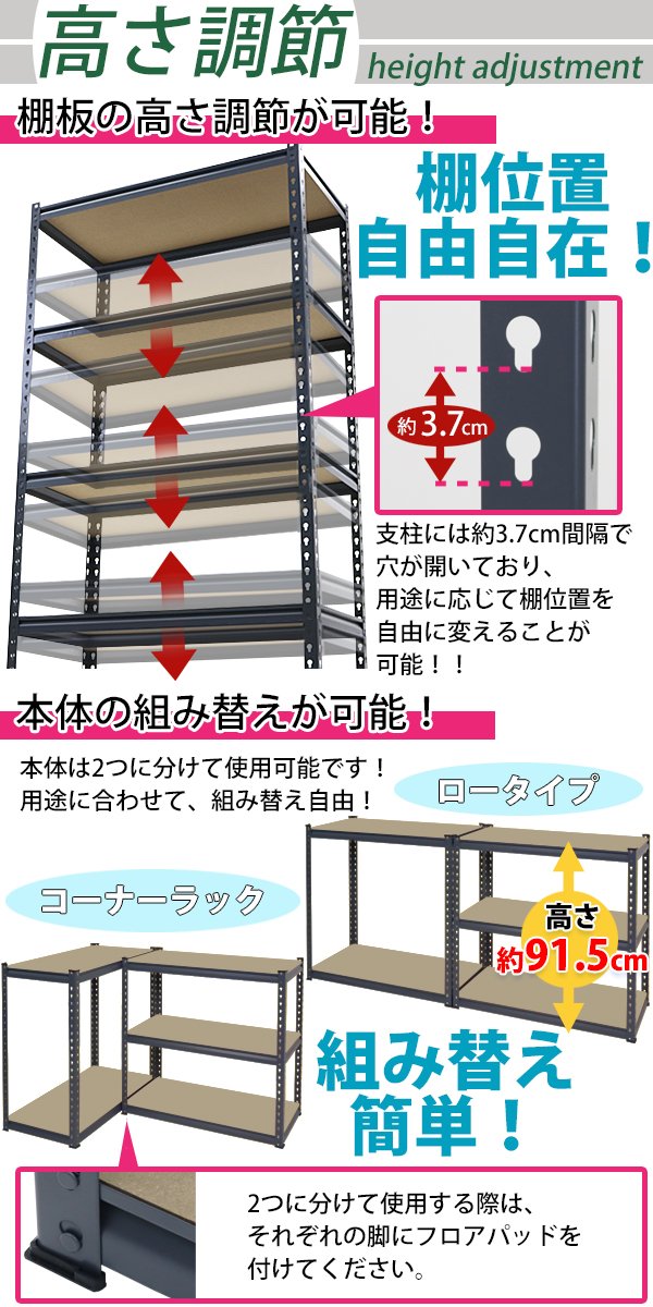 Amazon｜5段 スチールラック MDF板 グレー ボルトレス 粉体塗装 約