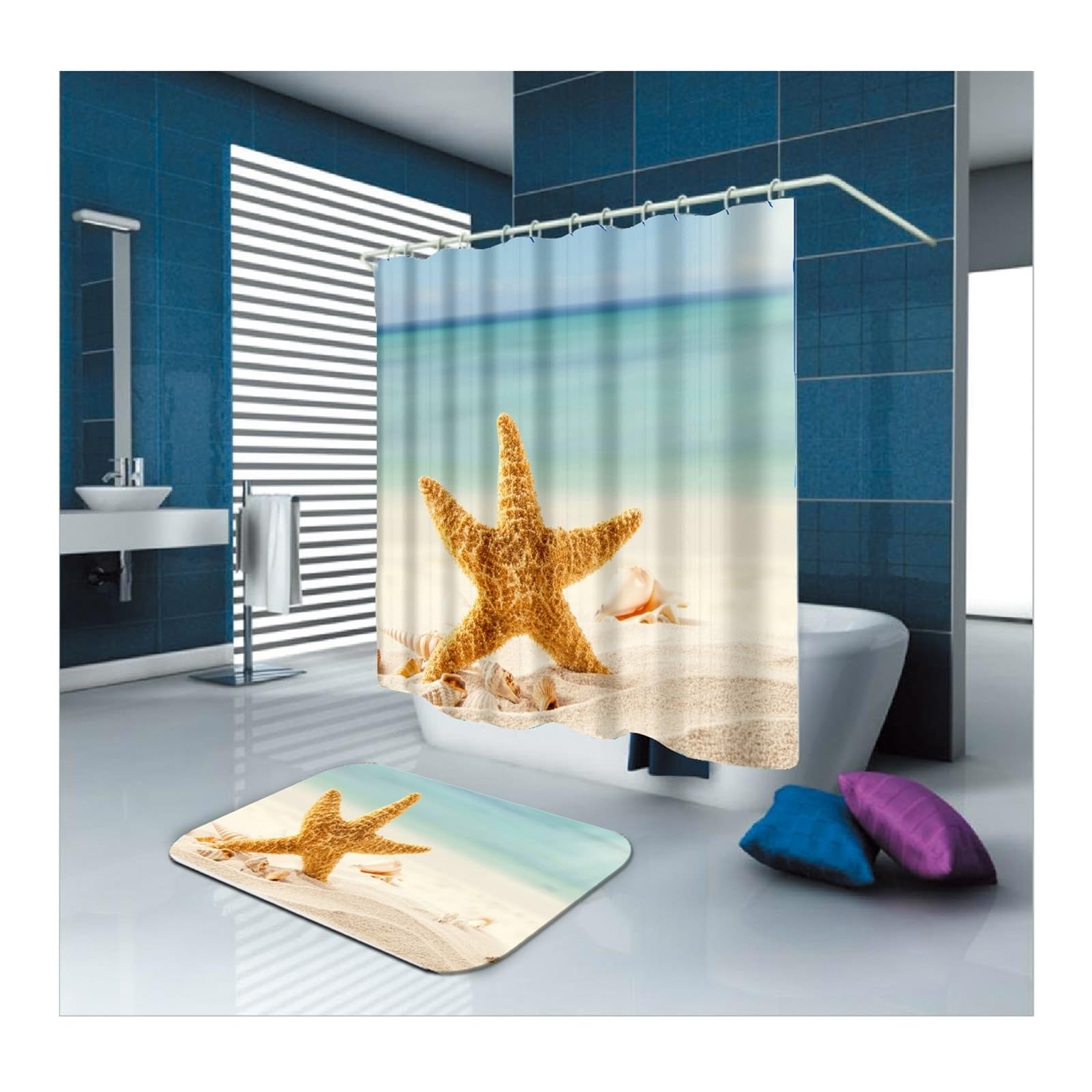 Cortina de ducha impermeable de tela textil, 150 x 200 cm, marrón, diseño de estrella de mar, cortina de baño, poliéster, antimoho, impermeable y de secado rápido, tela de alta calidad