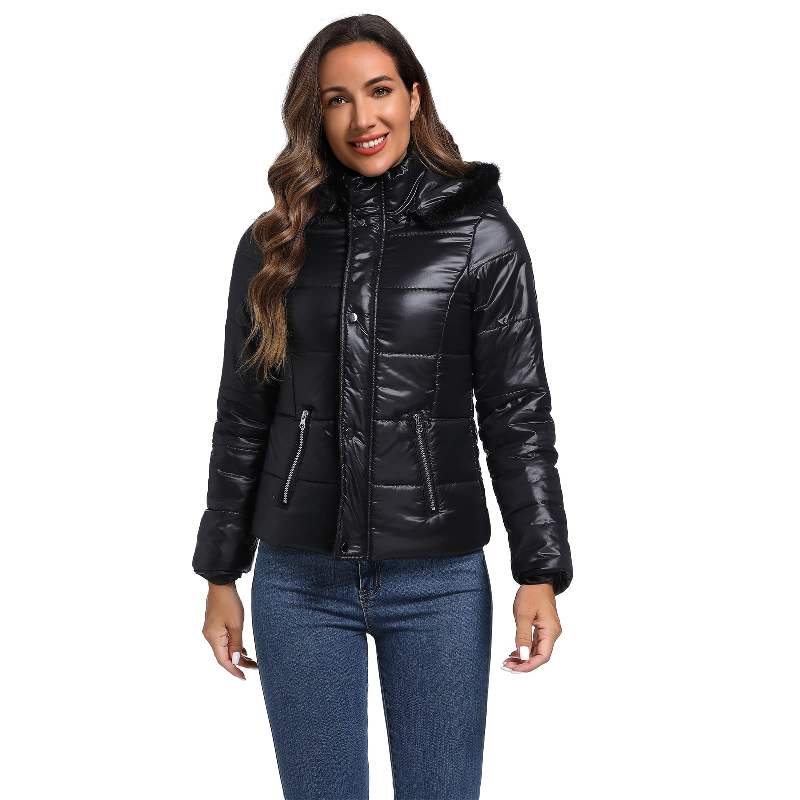 Womens Warm Jacket Faux Fur Coat Winter Coats For Women Hooded Ladies Bomber Jacket Detachable Hood