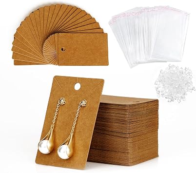 Fuceury Earring Display Cards - 100 Pcs Earring Holder Cards with 200 Pcs Backs and 100 Jewelry Packaging for Necklace Jewelry Bags Kraft Color 3.5x2.4 Inches