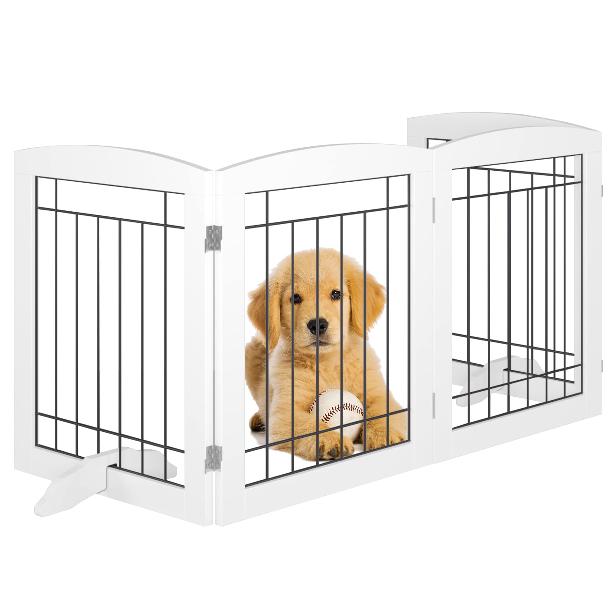 Vantas Folding Pet Gate 80" Wide, 24" Tall No-Assembly Wooden Dog Gate, Freestanding Wire Pet Gate, Pet Puppy Safety Fence, with 2PCS Support - White