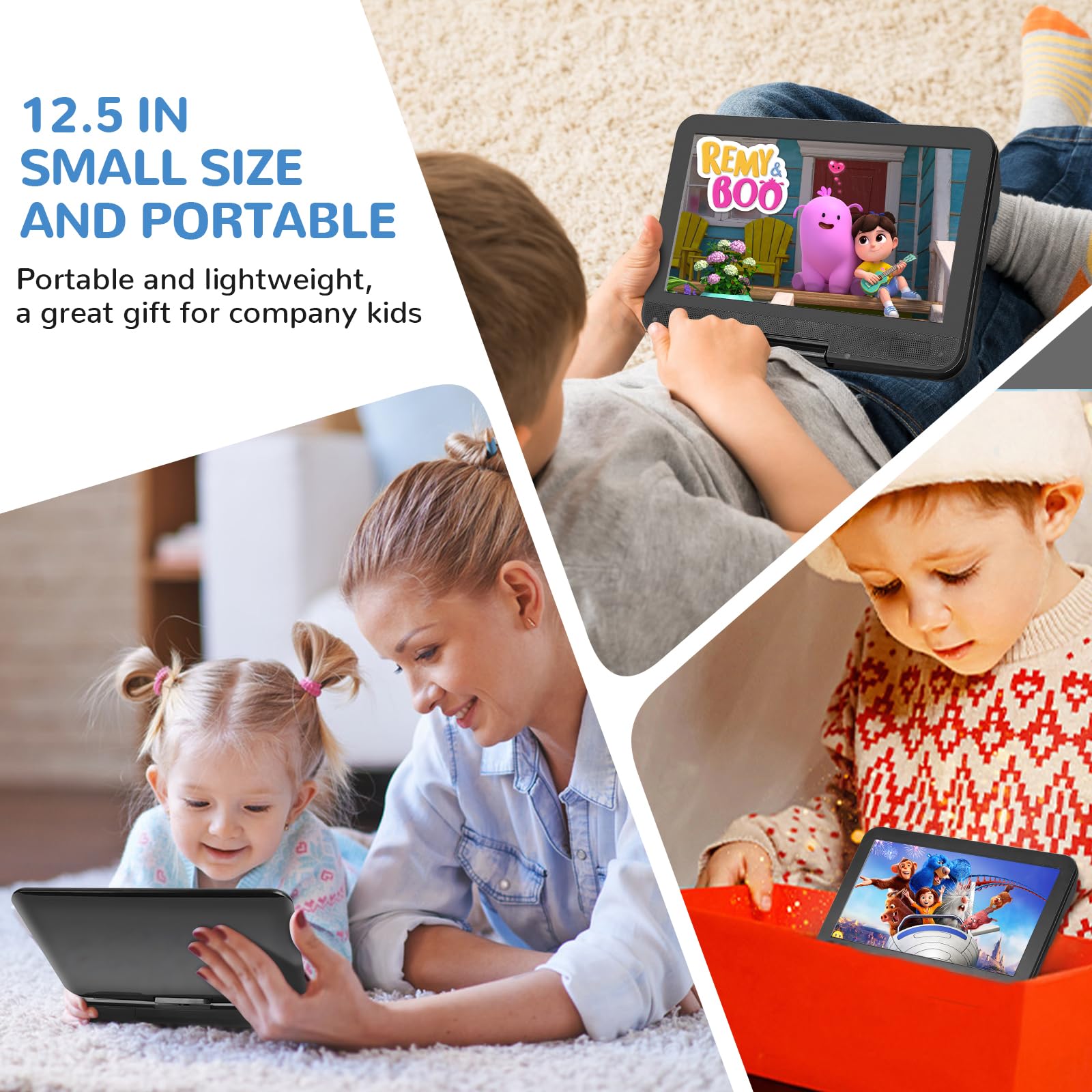 Lettore DVD portatile da 12,5 pollici con schermo girevole HD da 10,1", 5-6 ore di riproduzione, lettore DVD portatile con doppio altoparlante, supporto SYNC TV/USB/SD Card/AV, riproduce tutti