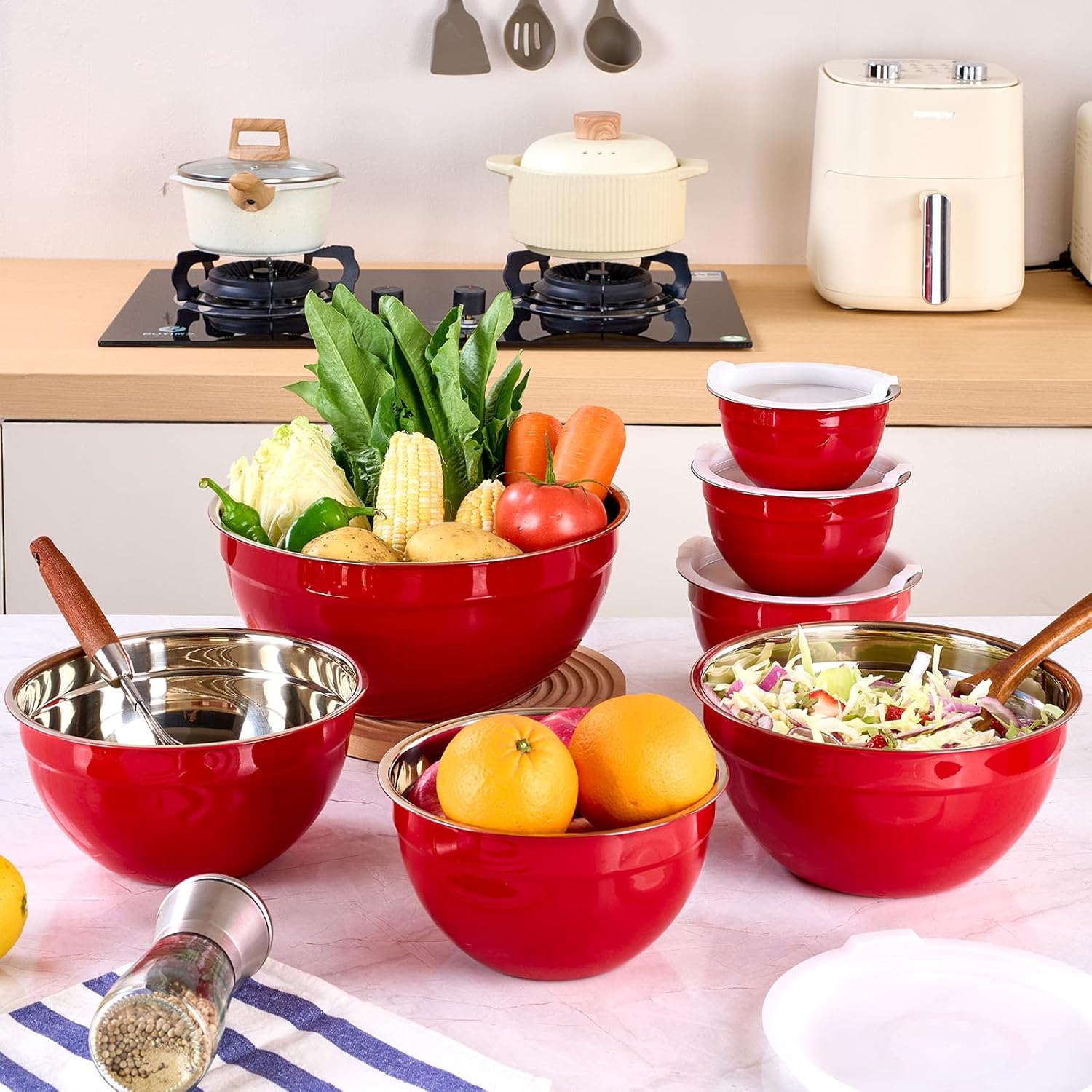 Red Mixing Bowls with Lids Set of 7, Stainless Steel Nesting Bowl with Khaki Lid for Non-slip Mixing Prepping Storing Serving, 7 Sizes-7/3.6/2.7/2.1/1.5/1/0.8 QT