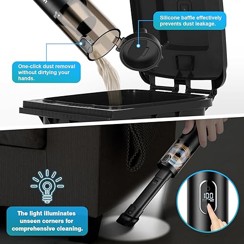 Miniatura 5 de Aspiradora de mano inalámbrica, portátil para automóvil, 14000 PA, potente aspiradora de succión con luz LED y plumero de aire 2 en 1, mini