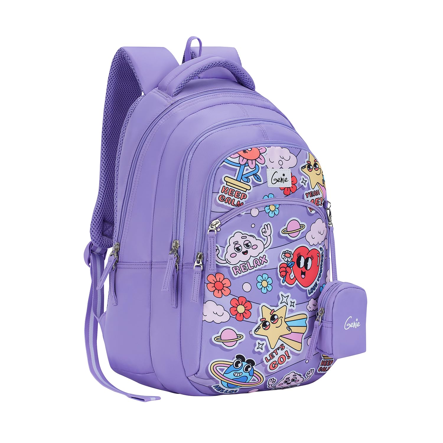 Genie Pearl School Backpack for Girls |17 In-27 Ltr with Three Compartments, Side Pockets and Light Weight with Padded Shoulders |Best for Books,Stationery, Lunch Box & Essentials - Purple 1