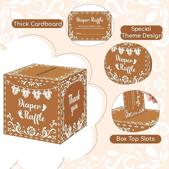 Ctosree Cielito Lindo Diaper Raffle Tickets with Box - Mexican Baby Shower Game Invitations 50 Diaper Raffle Tickets Set for Baby Shower & Gender Reveal Party Decoration(Brown)