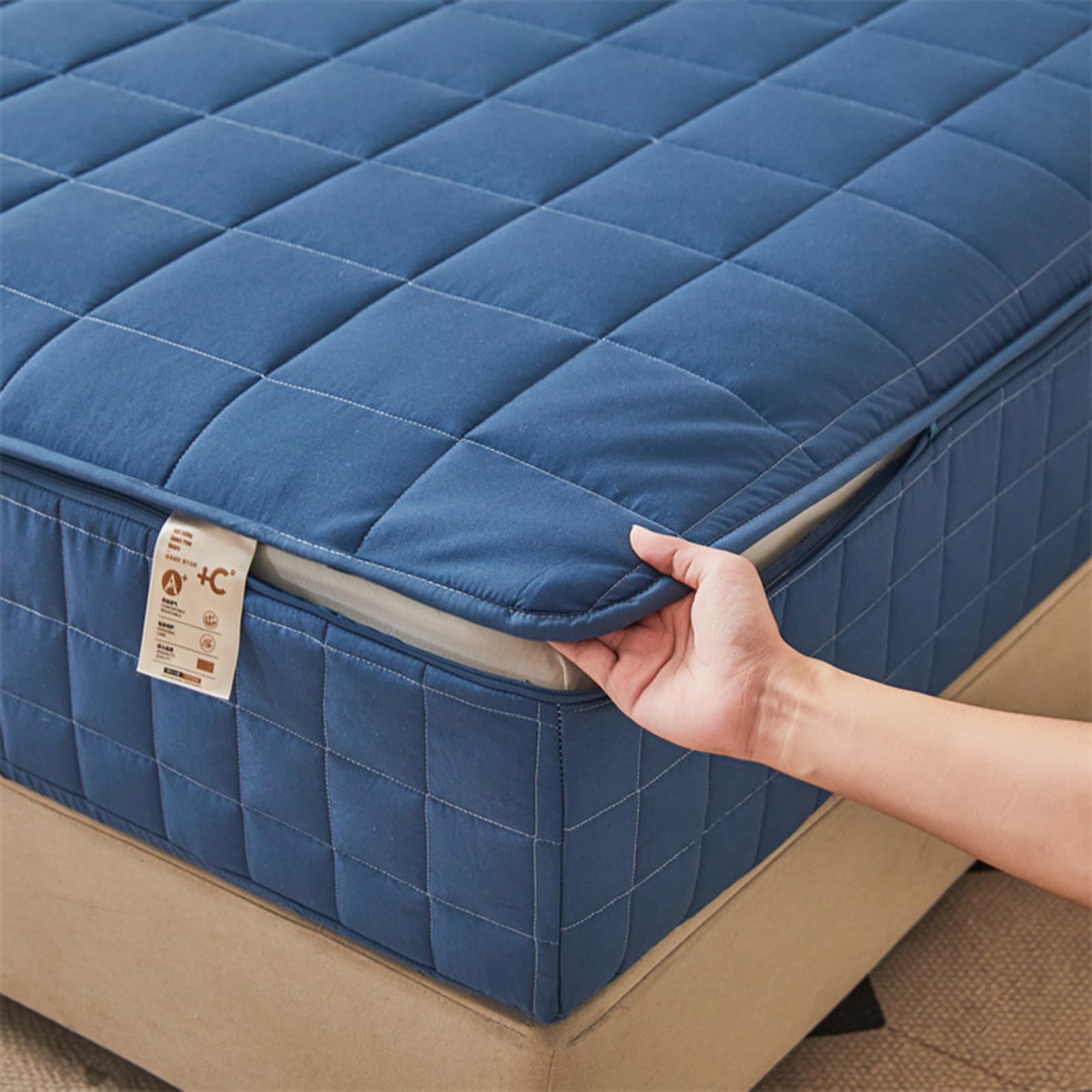 Zhaijyli Blue B King Size Mattress Cover With Zip Customizable Zipped Quilted Mattress Protector 40Cm Deep Fitted Sheets Zippered Mattress Topper Cover Fully Encased Mattress Encasement (160X200+40Cm,