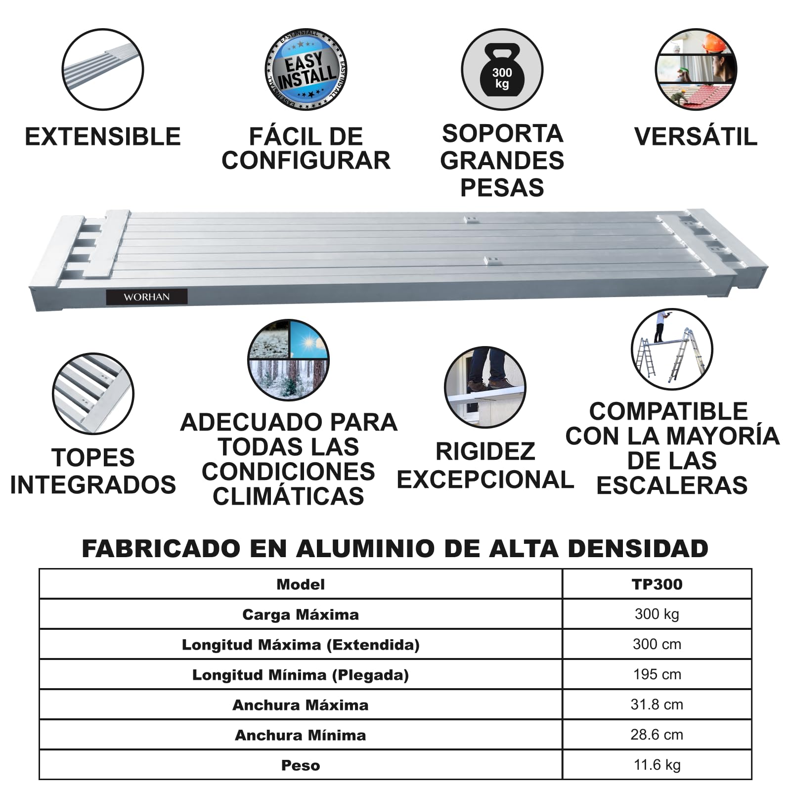 Plataforma de Trabajo Extensible Telescópica Tabla Extra Robusta con 2 Asas Superficie Grabada Antideslizante Hasta 300kg TP300