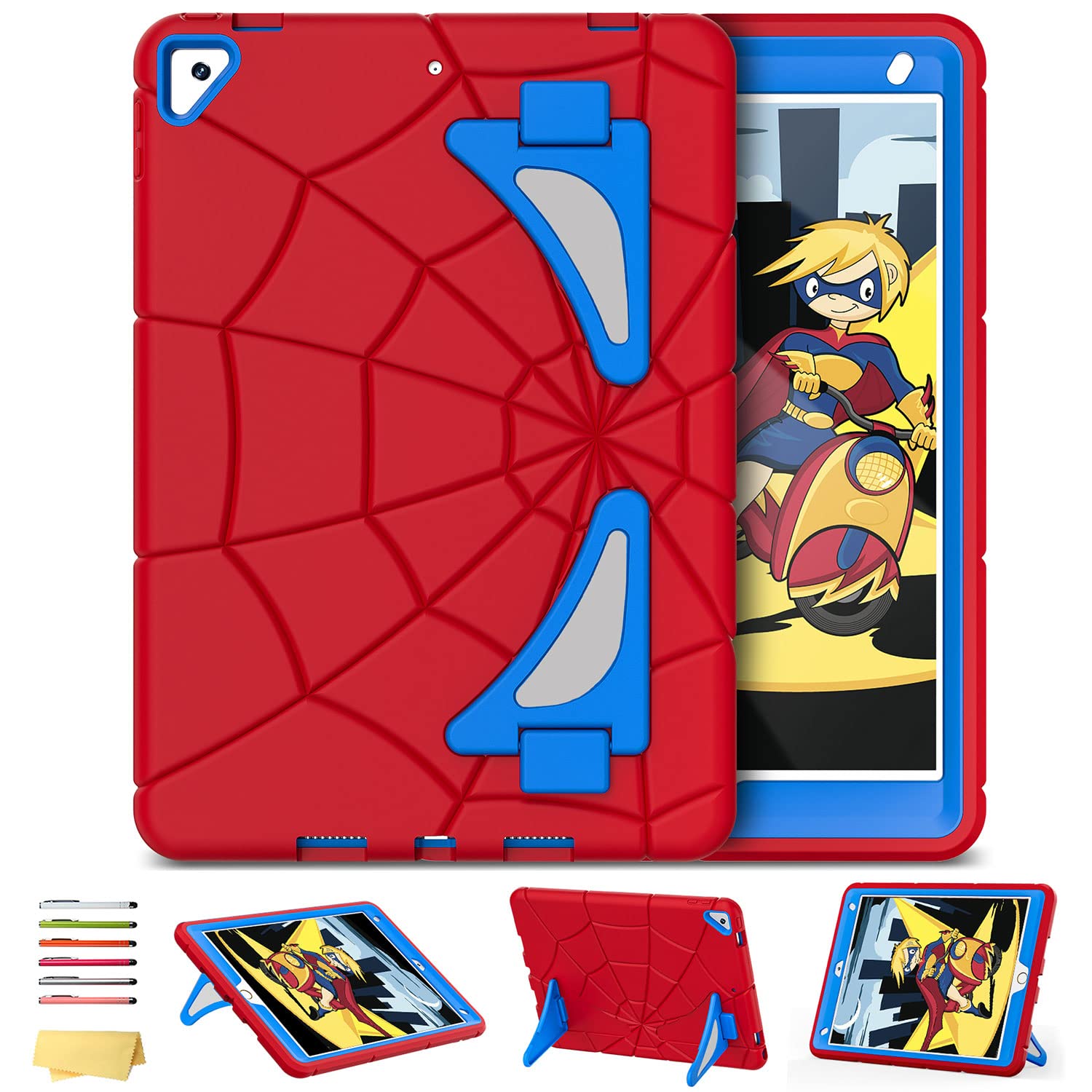 Kids Case for iPad 9th/8th/7th Generation Cover with Pencil Holder/Kickstand, UUcovers Heavy Duty Shockproof Spider Web Boy Girl Children Silicone