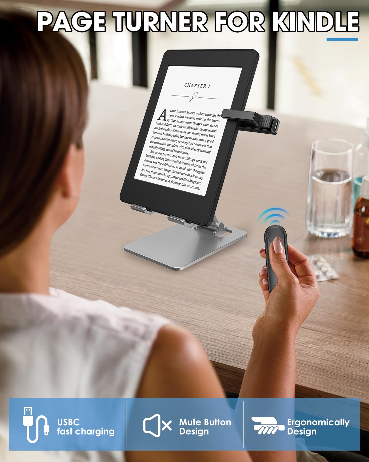 RF Remote Control Page Turner for Kindle Paperwhite Scribe Accessories, Page Turner Clicker for iPad Tablets Reading Novels Taking, Phone Camera Video Record Triggers Remote, Black — view 2