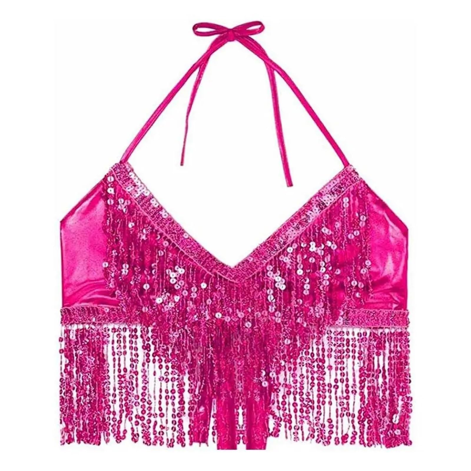 Belly Dance Bra Top Costumes Sequins Tassel Dancing Blouse For Women Performance Vest for Dancing Carnival Party(Rose red)