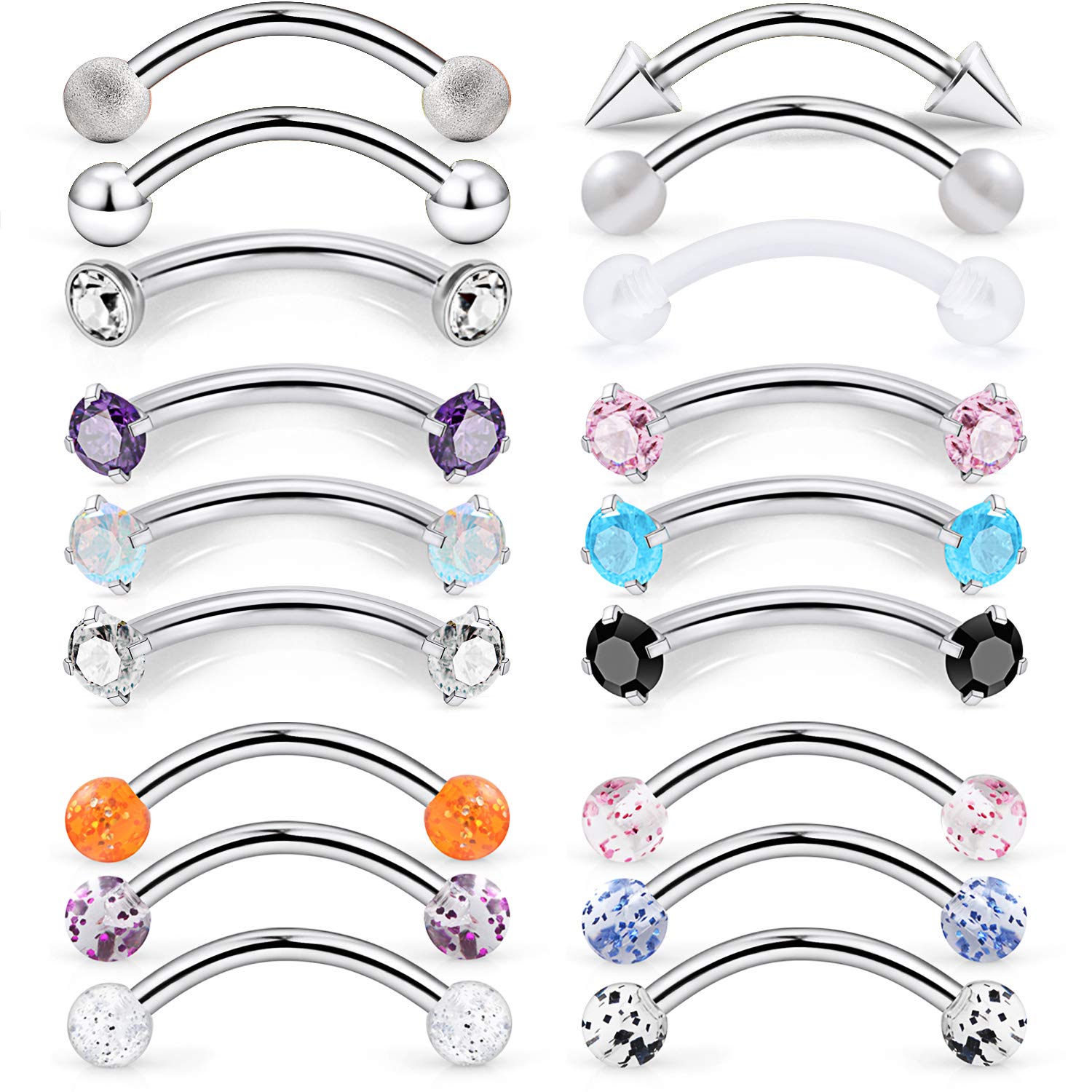Lcolyoli12-18 Pcs 16G Surgical Steel Eyebrow Piercing Rings Colorful Diamond CZ Curved Barbell Rook Daith Piercing Body Jewelry for Women Men