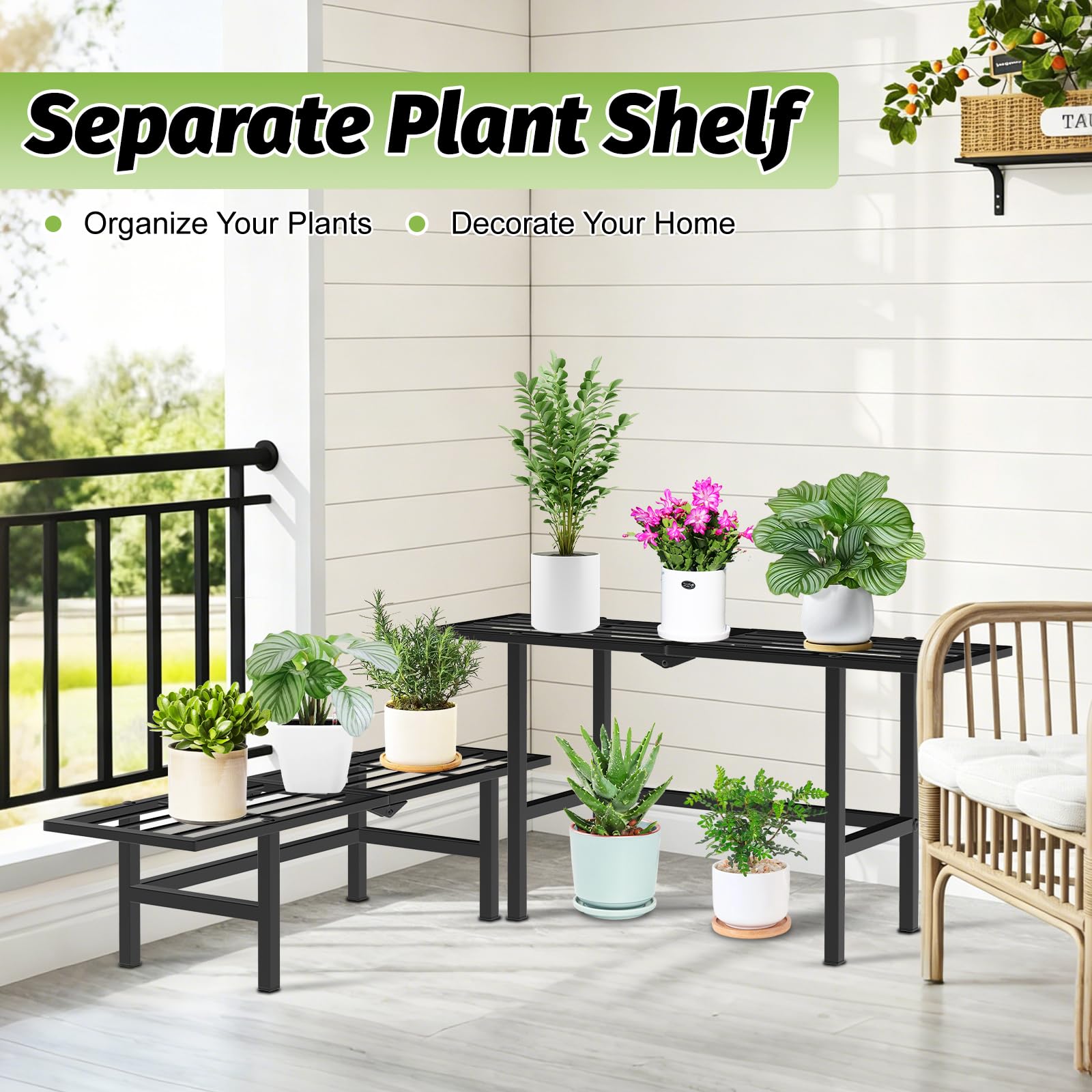 Support pour plantes à 2 niveaux pour extérieur et intérieur, étagère séparée pliable en métal robuste, support d'échelle pour pots de fleurs, présentoir pour salon, jardin, balcon, terrasse