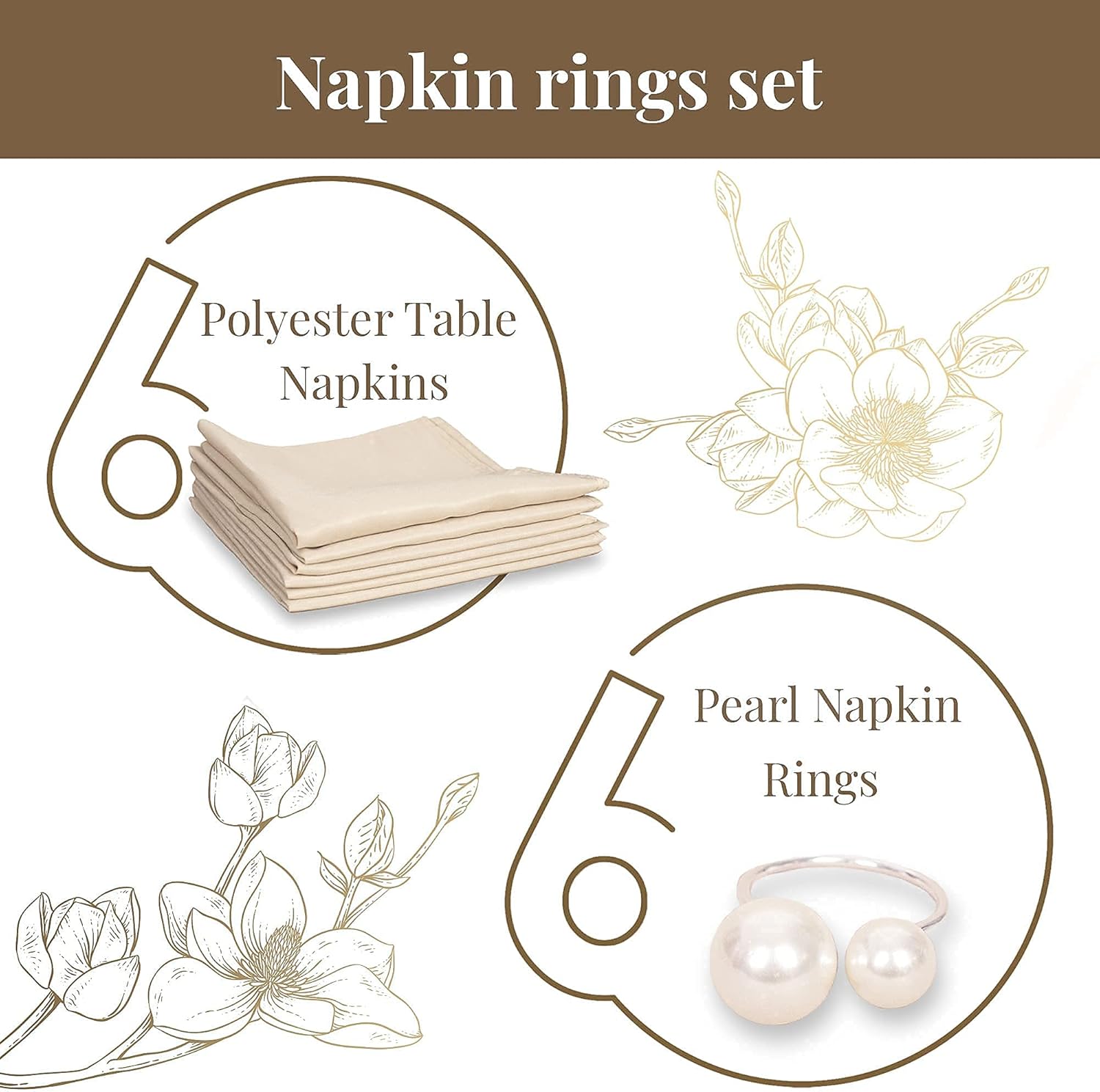 Napkin Rings and Table Polyester Napkins - 6 Pcs Pearl Round Ring Holders and 6 Pcs Beige Linens Ready to Use for Casual or Formal Decor Dinner - Elegant Brass Rings Holder Set - Ideal Table Case Gift : Home & Kitchen