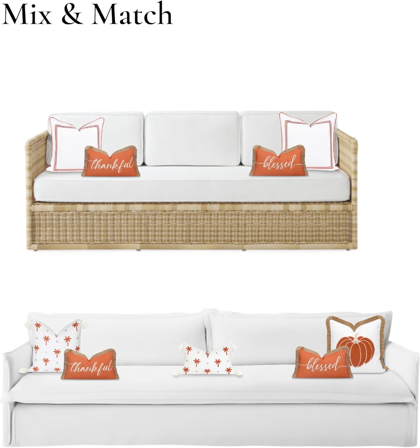 Hofdeco Premium Fall Coastal Patio Indoor Outdoor Lumbar Pillow Cover Only, 12"x20" Water Repellent for Backyard, Couch, Rust Orange Embroidered Blessed with Fringed Trim