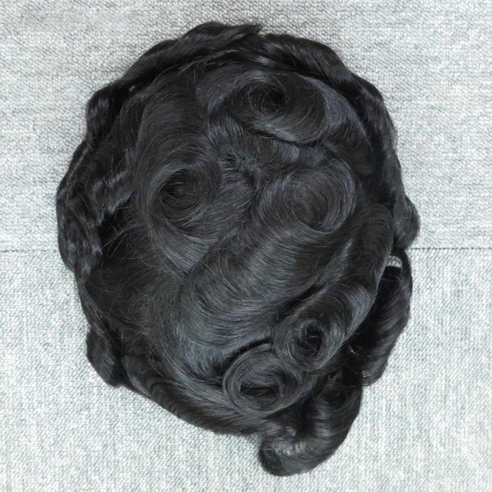 PANCY Super Thin Skin Full Pu Toupee Men Hair Piece System Indian Human Hair Toupee Wavy Style 8x10 (#1)