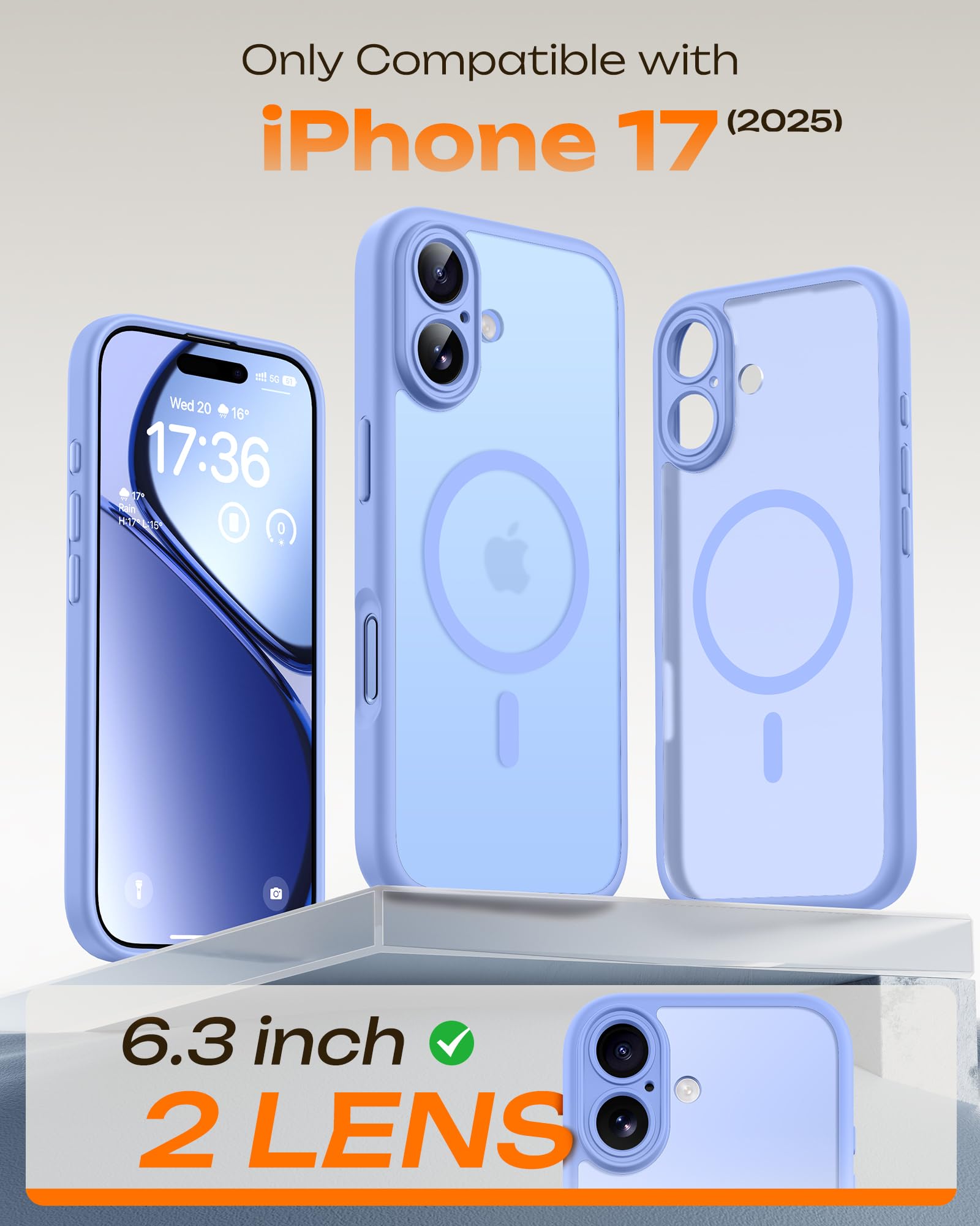 TOCOL Cover Magnetica per iPhone 17 6,3 Pollic, Compatibile con MagSafe, Anello Magnetico Incorporato, Protezione Fotocamera Integrata, Custodia Antiurto Traslucida Opaca, Blu Chiaro