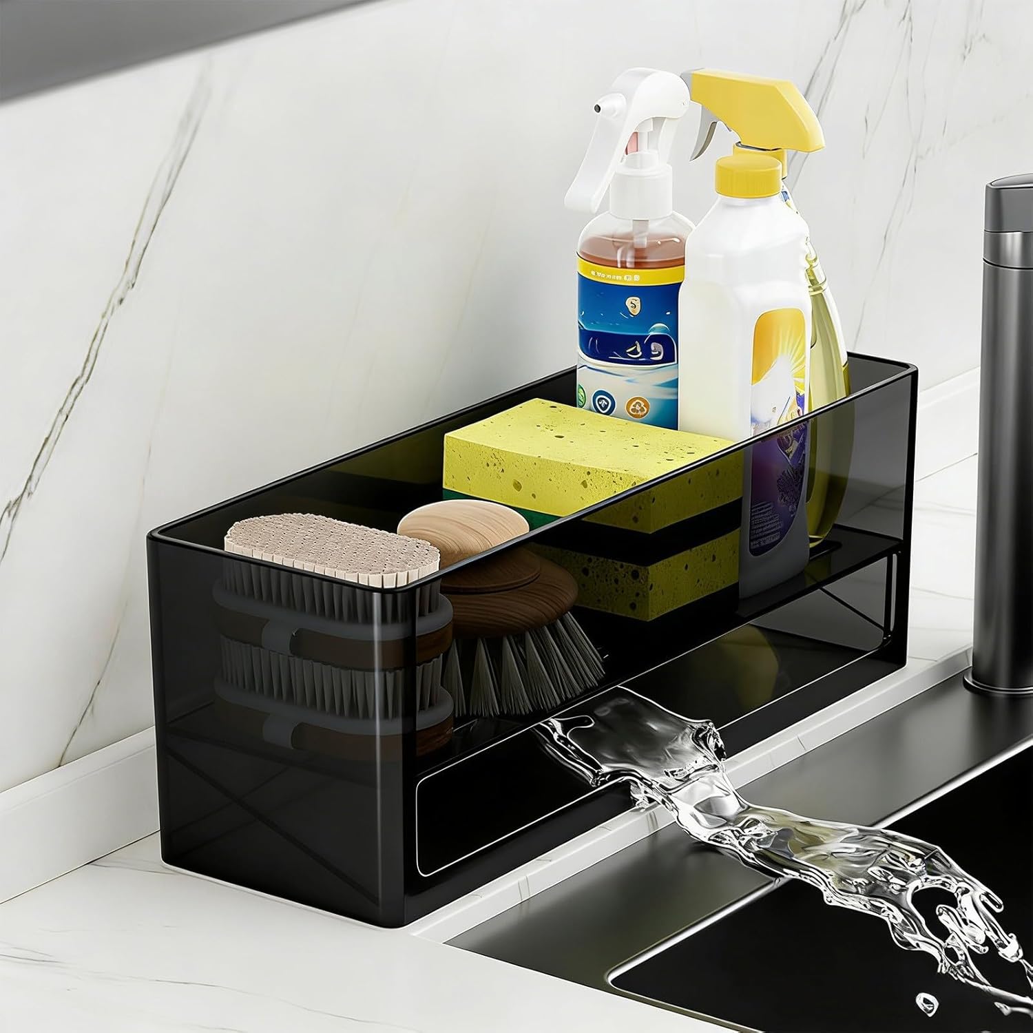 Sponge Holder for Kitchen Sink Plastic Sink Caddy Kitchen Sink Organizer Countertop Dish Sponge Holder with Auto Draining