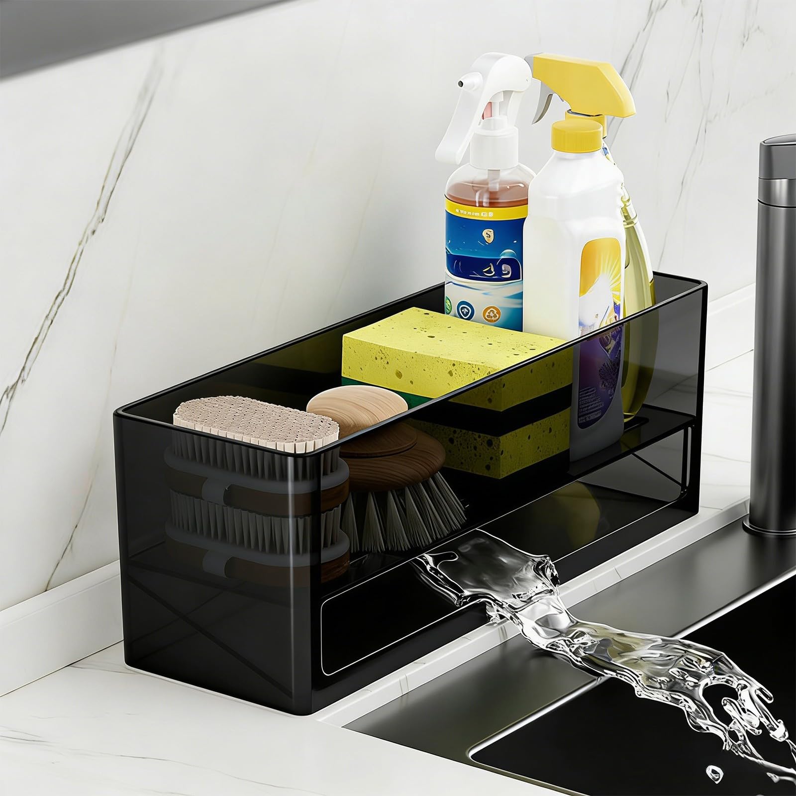 Sponge Holder for Kitchen Sink Plastic Sink Caddy Kitchen Sink Organizer Countertop Dish Sponge Holder with Auto Draining