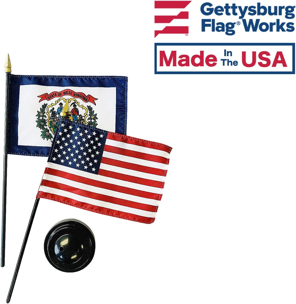 Set of 3 4x6" E-Gloss West Virginia Stick Flag w/U.S. Stick Flag & 2 Flag Plastic Table Base - Made in the USA