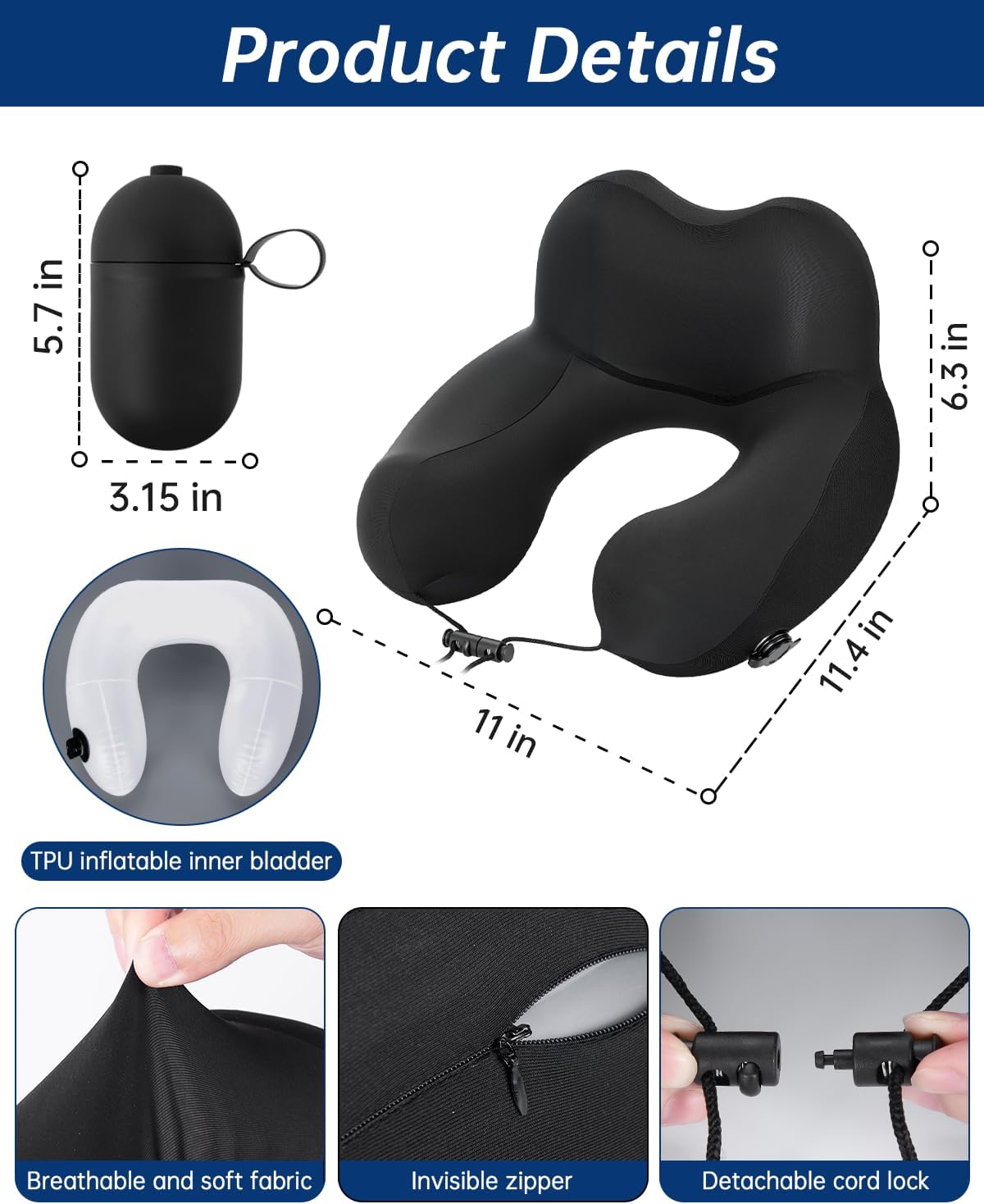 Neck Pillow for Traveling, 2-in-1 Air-Pump & Storage Bag, Inflatable Compact 360°Head Support Airplane Pillow for Travel,Train, Car - Black - Image 3