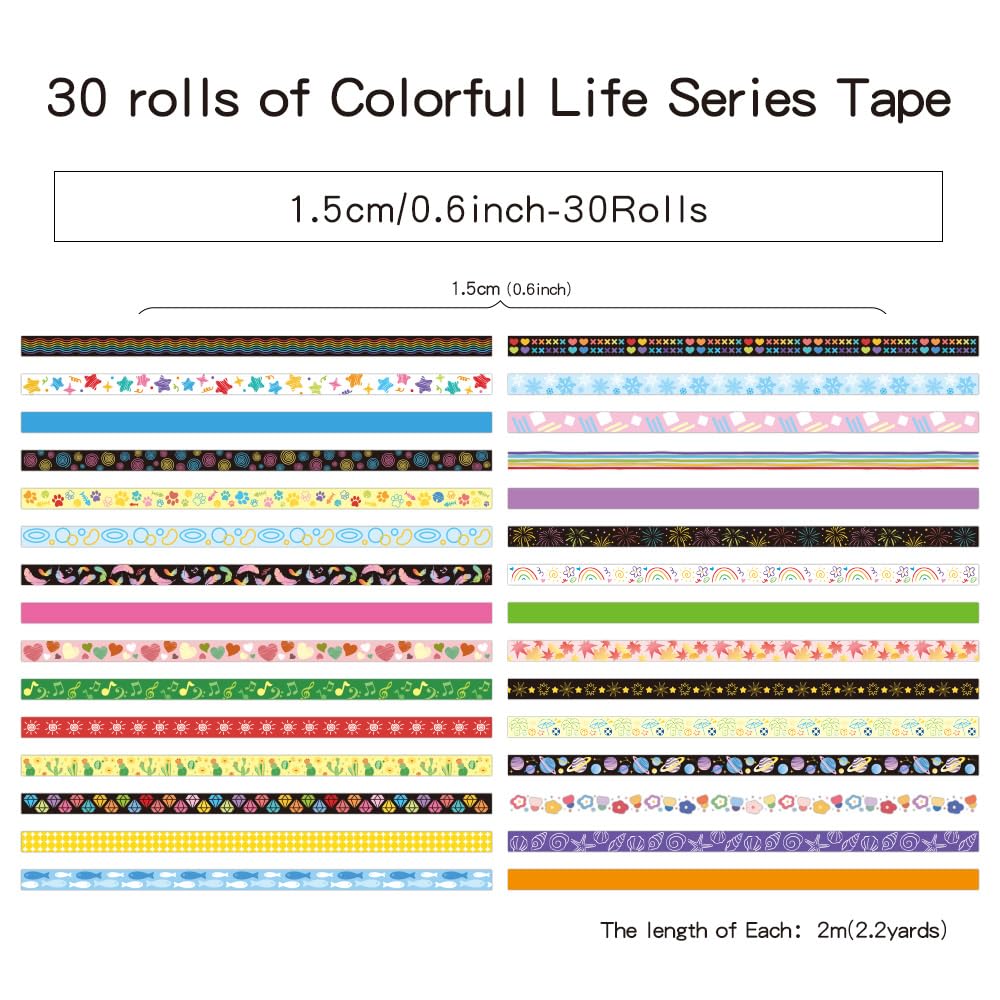 Colorful Washi Tape Set - 30 Rolls for Scrapbooking -2