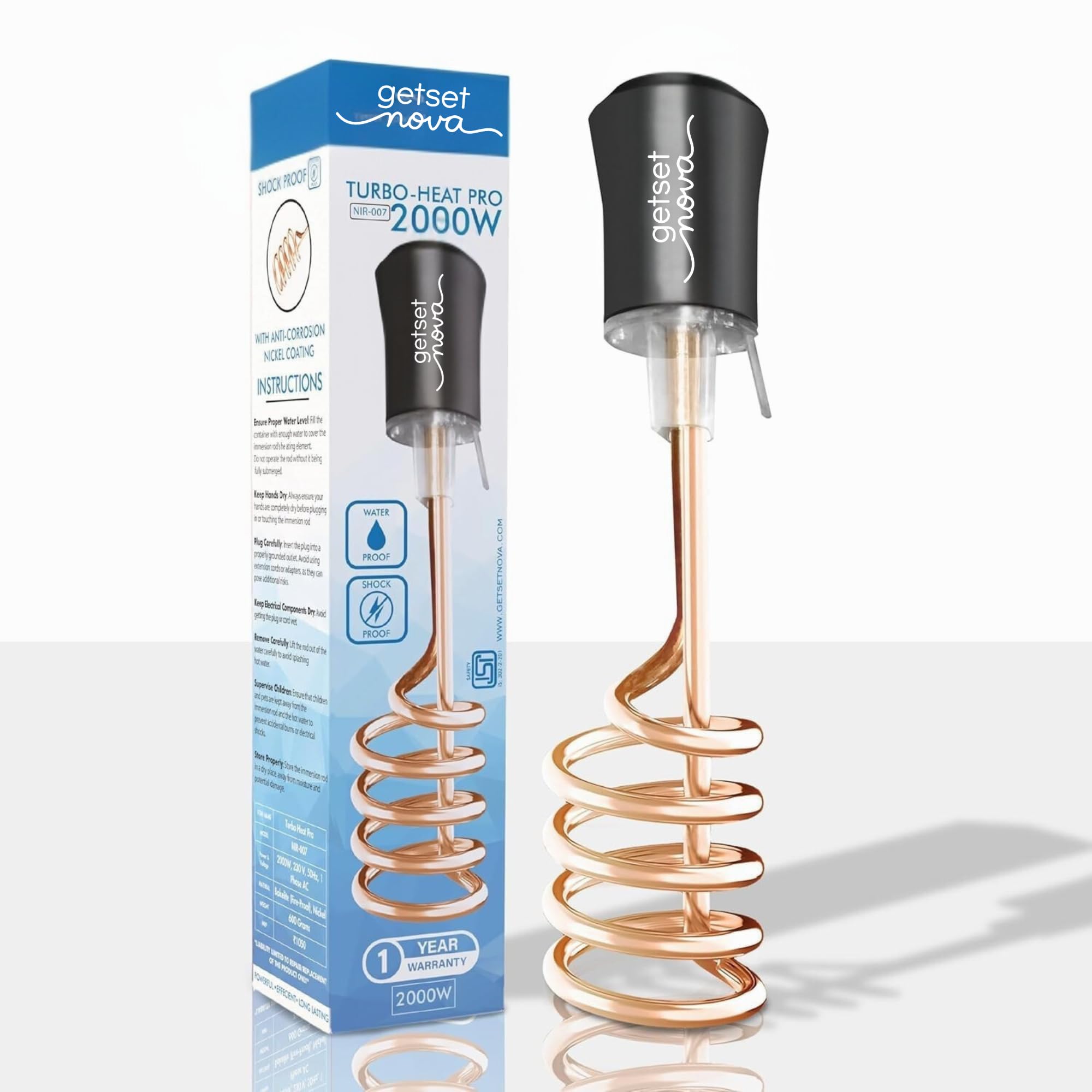 Water Heater Rod Heater for Bathroom Immersion Rod Water Heater, Copper and Nickel Rust-Free Coating, Shock Proof Design Turbo Heat Coil Heating 2000W ISI Approved 2 Year Warranty