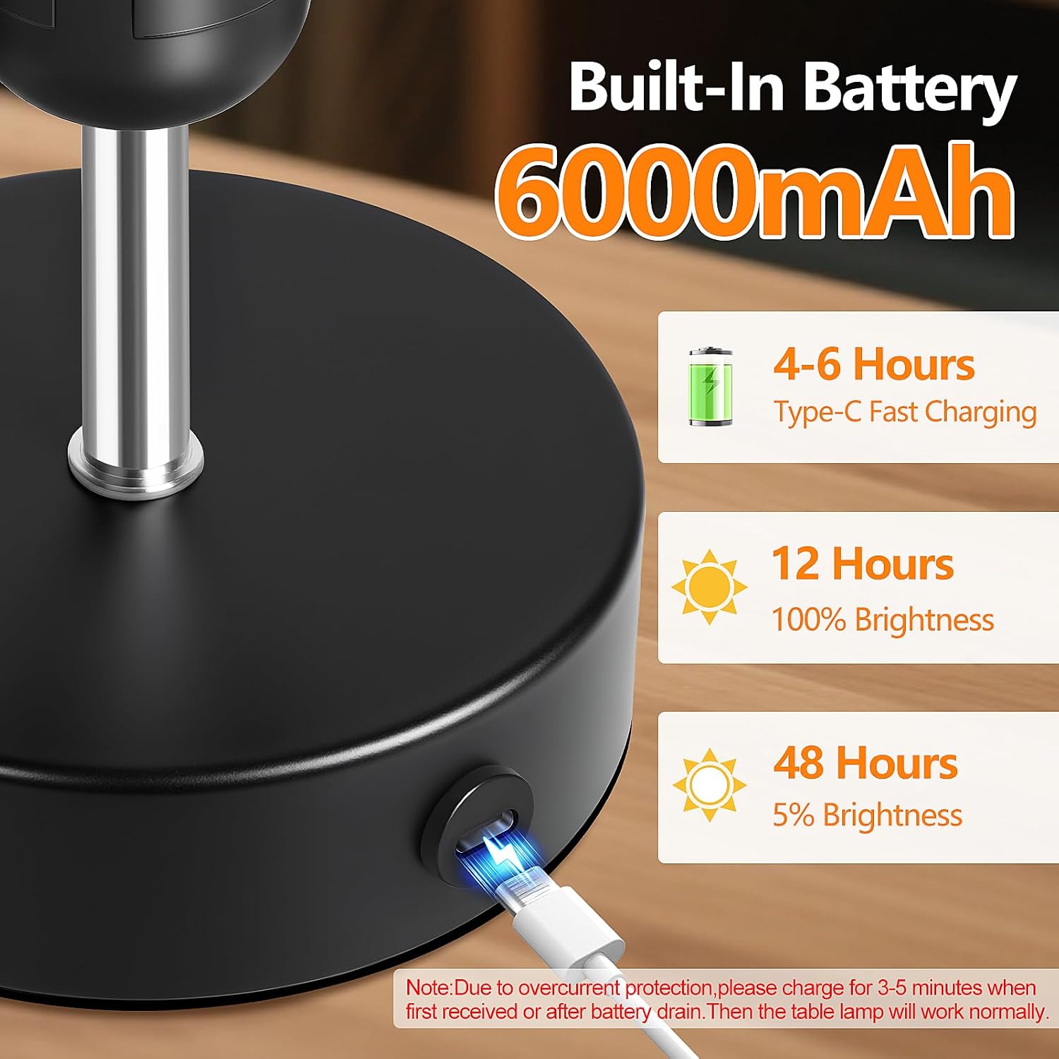 Black Cordless Table Lamp Rechargeable, 6000mAh Battery Operated Bedside Lamps, Portable LED Desk Lamp with Stepless Dimming, Wireless Lamp with White Shade, Modern Touch Small Night Light for Bedroom image 2