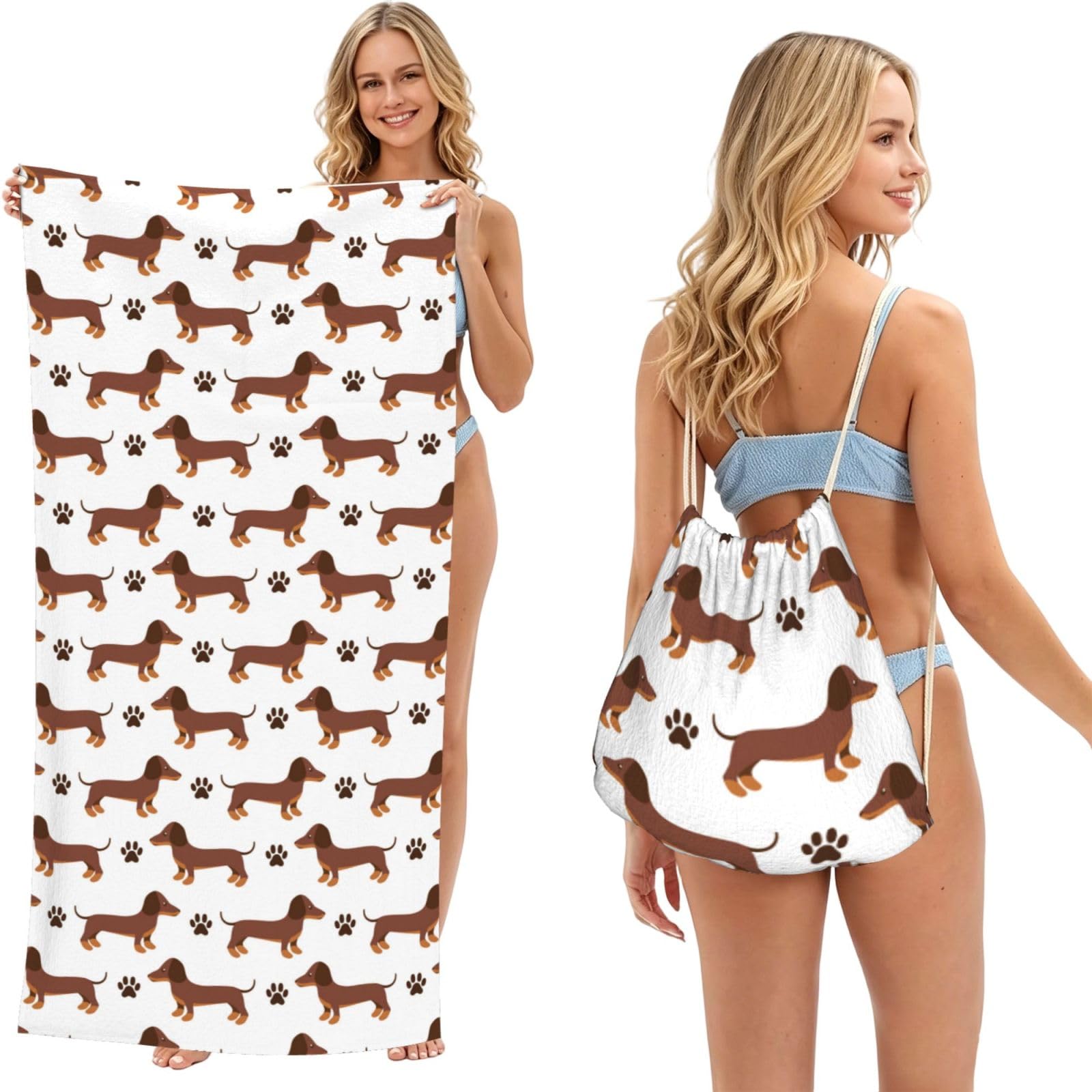 Poadnly Dachshund, 2 in 1 Packable Towel Bag, Beach Towels with Drawstring Backpack for Travel Holiday Camping