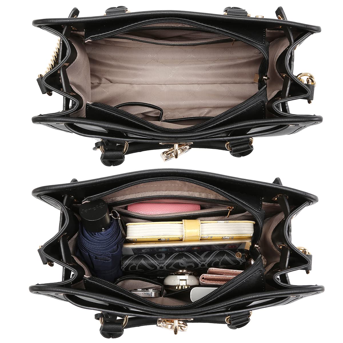 Dasein Set di borse a mano da donna, con manico superiore, borsa a tracolla grande, borsa da lavoro con portafoglio abbinato, Monogramma Nero, 13.75 inches (W) x 11 inches (H) x 6.25 inches (D)