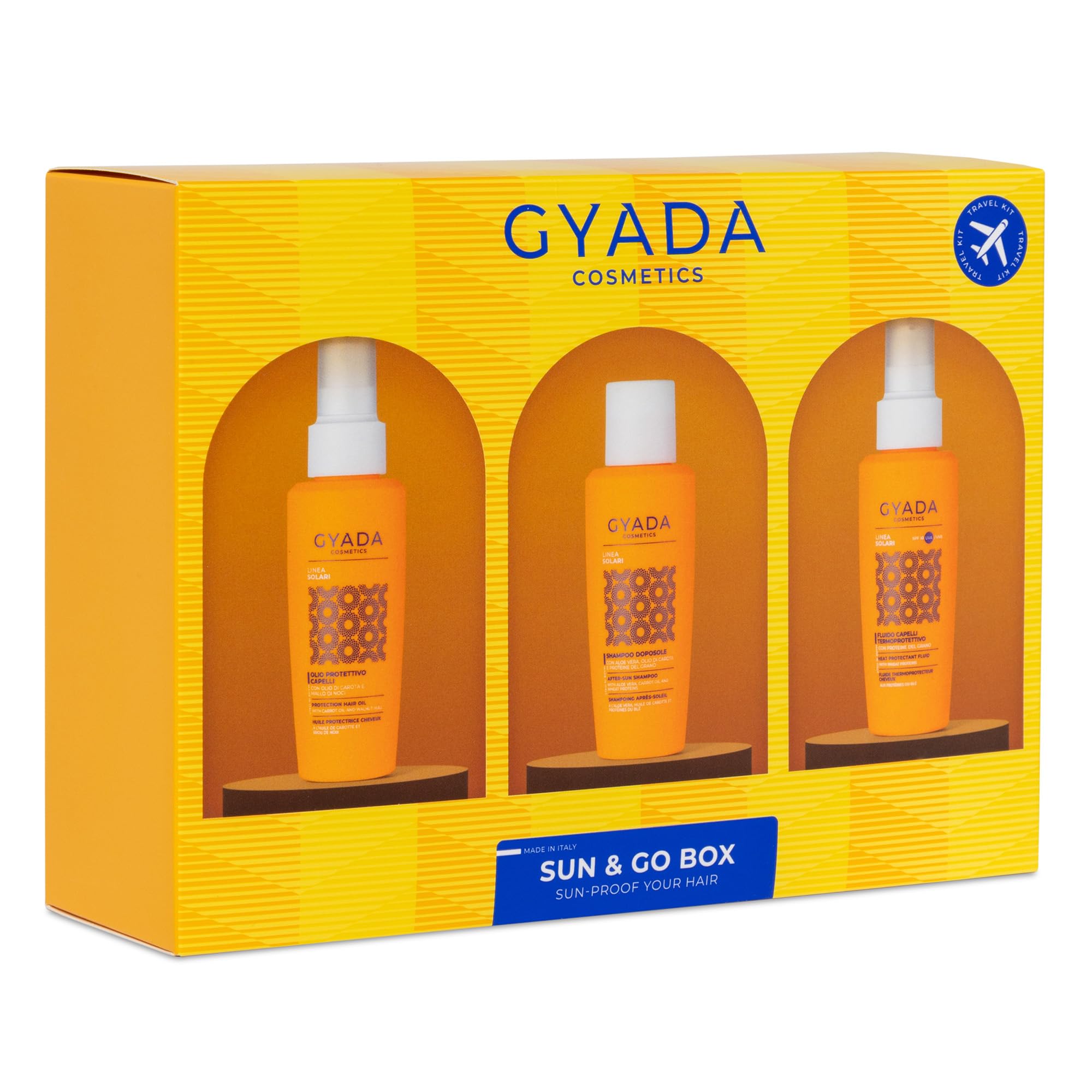 GYADA COSMETICS Sun & Go Box, Set Composto da Shampoo Doposole, Olio Solare Protettivo e Fluido Termoprotettivo Spf 10, Protegge da Sole, Cloro, Vento e Salsedine, con Proteine Vegetali, 3 x 100 ml