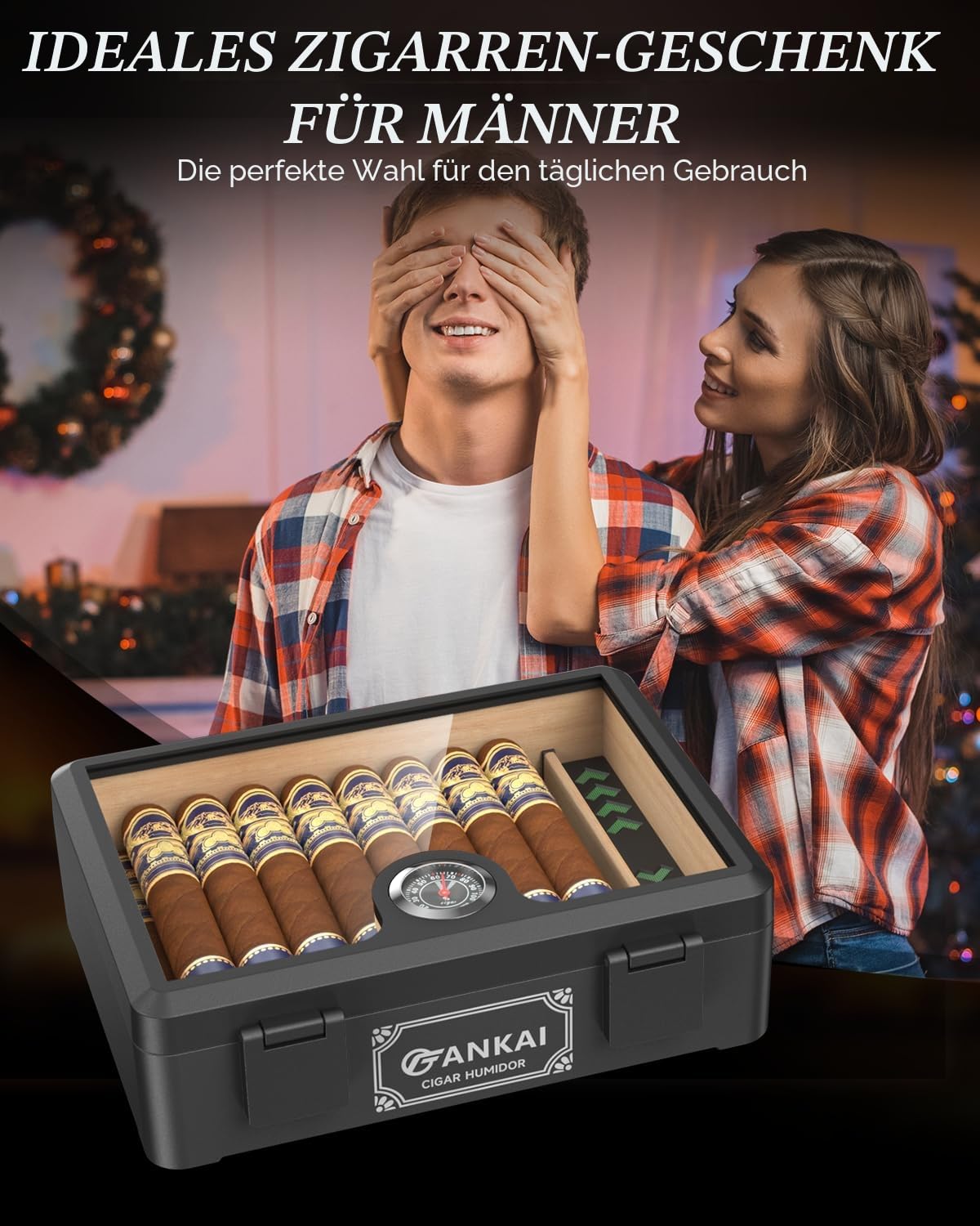 Zigarren-Humidor, Zigarrenbox mit Vollglas-Deckel mit Luftbefeuchter und Hygrometer, sturzsicheres, bruchsicheres Zigarrenetui, Aufbewahrungsbox mit Zedernholzauskleidung und Trennwand für 20