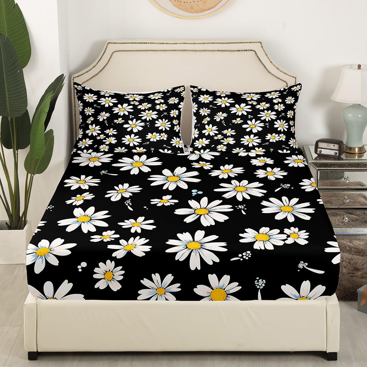 Castle Fairy Daisy Bed Sheet Queen Set Black White Yellow Sheets Sets Adults Bedroom Decor Daisy Flowers Microfiber Bedding Set with Flat,Fitted Sheet,2 Pillow Cases