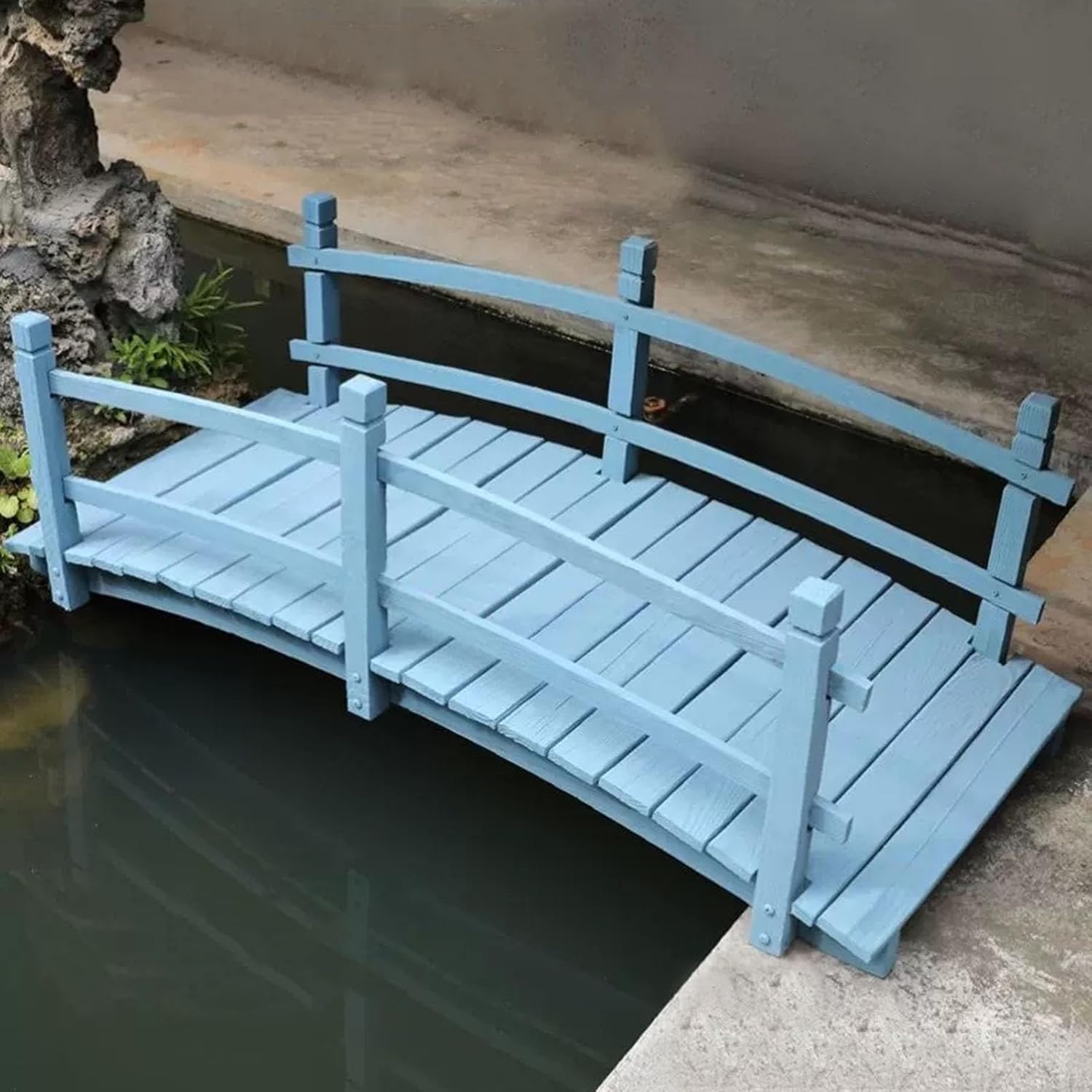 Wooden Garden Bridge Backyard Arc Footbridge with Safety Railings, Outdoor Landscaping Lawn Pond Bridge Walkway for Rustic Wedding Decor, Stained Finish(Gray,70.9x25.6x19.7inch)