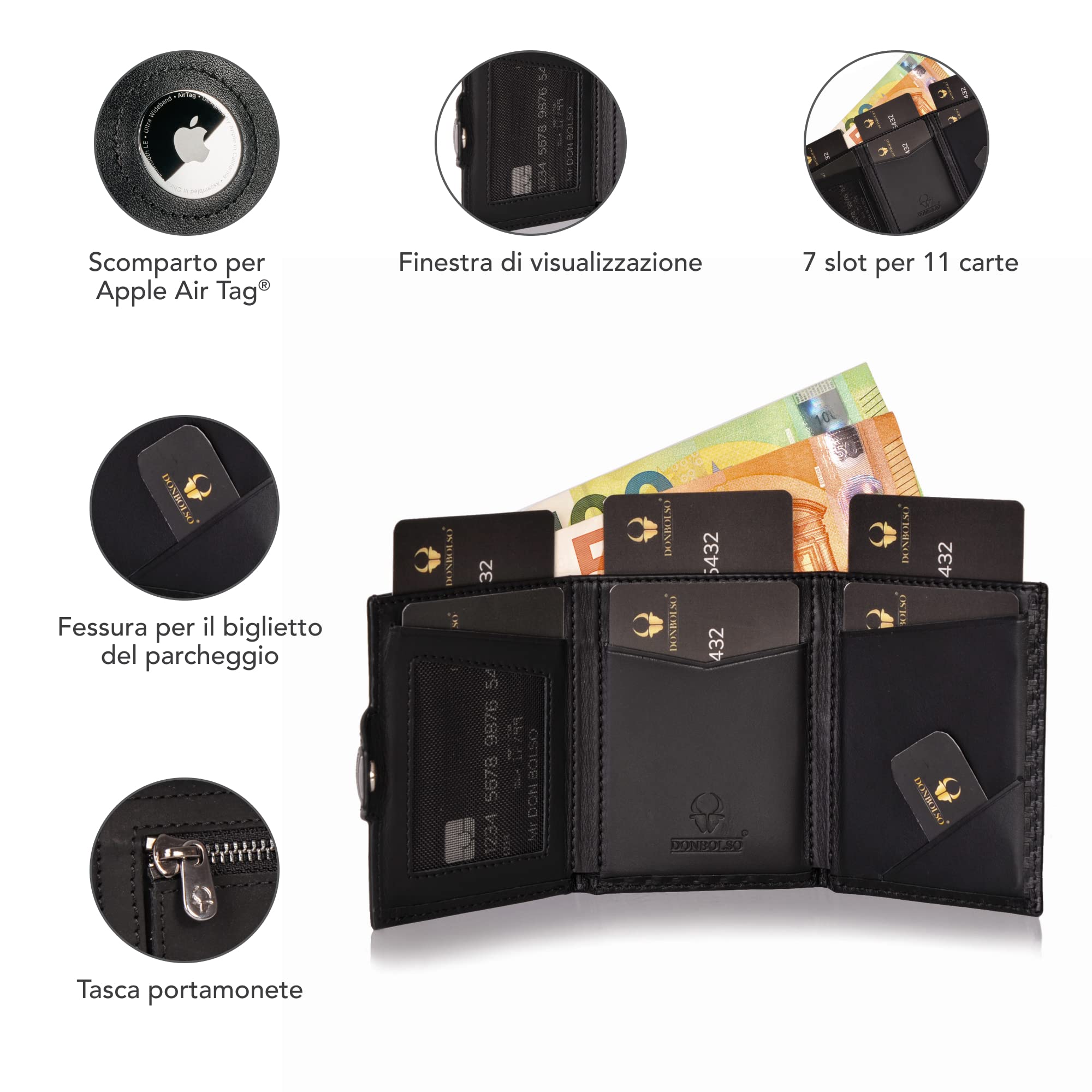 DONBOLSO Portafoglio Airtag per Uomo Piccolo Con Tasca Apple Airtag e Protezione RFID - Porta Carte di Credito Slim - Mini Portafoglio con Portamonete per Una Perfetta Organizzazione