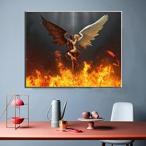 Miniatura 3 de Pósteres e impresiones de amor de demonio y ángel, arte abstracto, plumas blancas y negras, alas de ángel, pintura en lienzo, arte de pared para