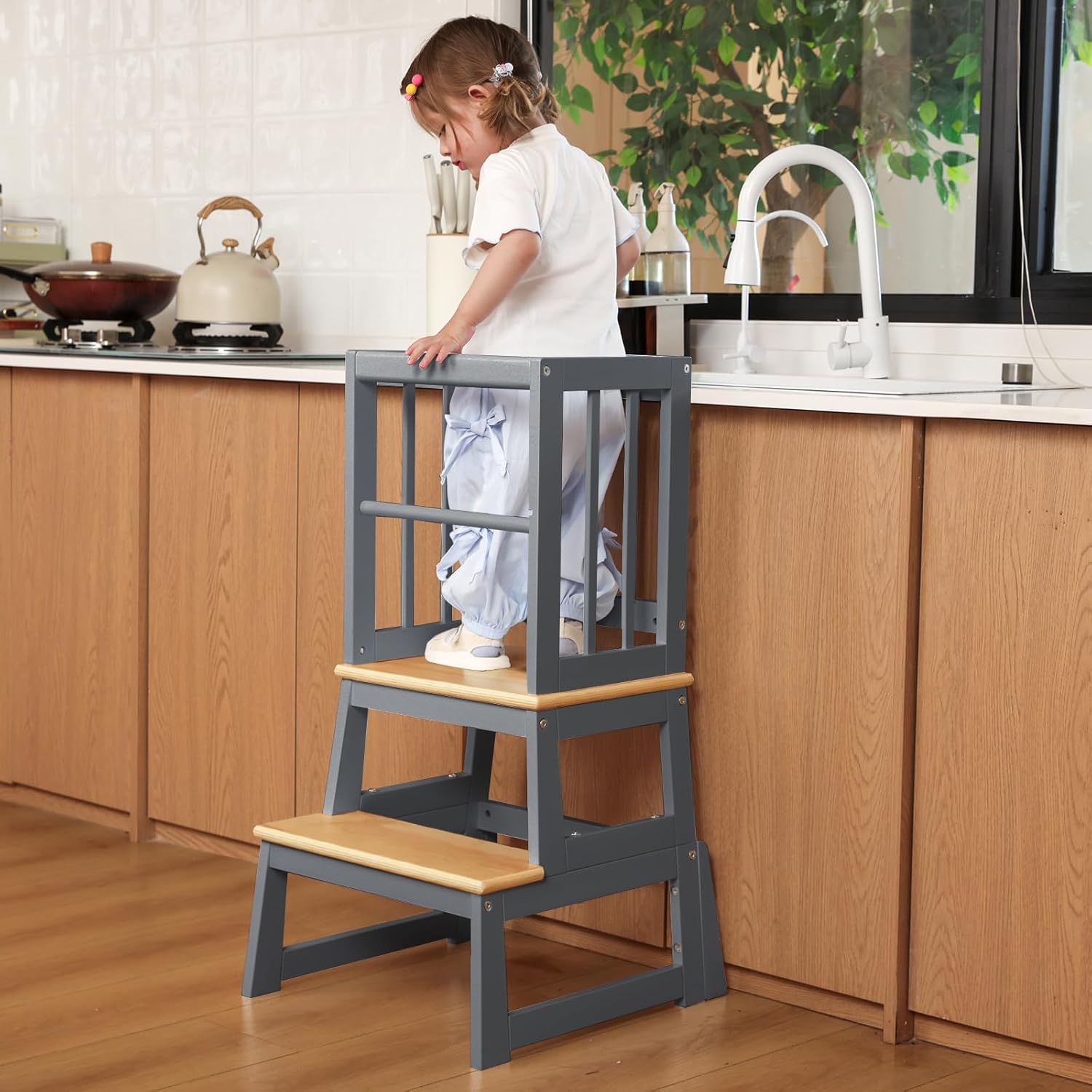 Kids Kitchen Step Stool, Ideal Toddler Learning Standing Tower, 2025 New Upgrade with an Anti-tip Structure and Anti-Drop Safety Bar, More Stable and Safer - Gray Gray-2025 Upgrade