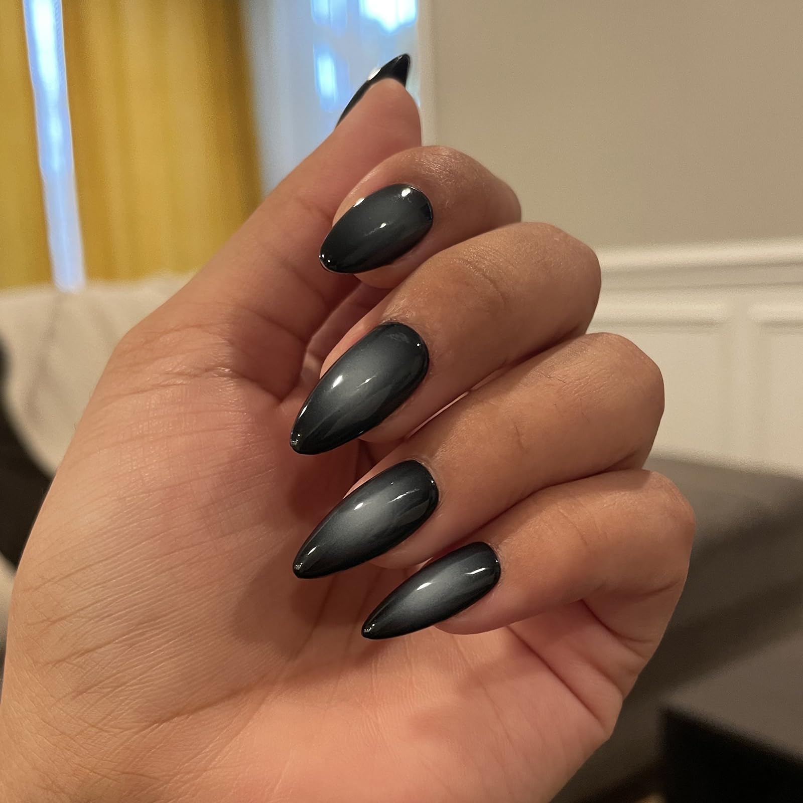 24-Pack Almond Press On Nails, Medium Length Stick On False Nails, Black Gradient French Halloween Design - Image 3