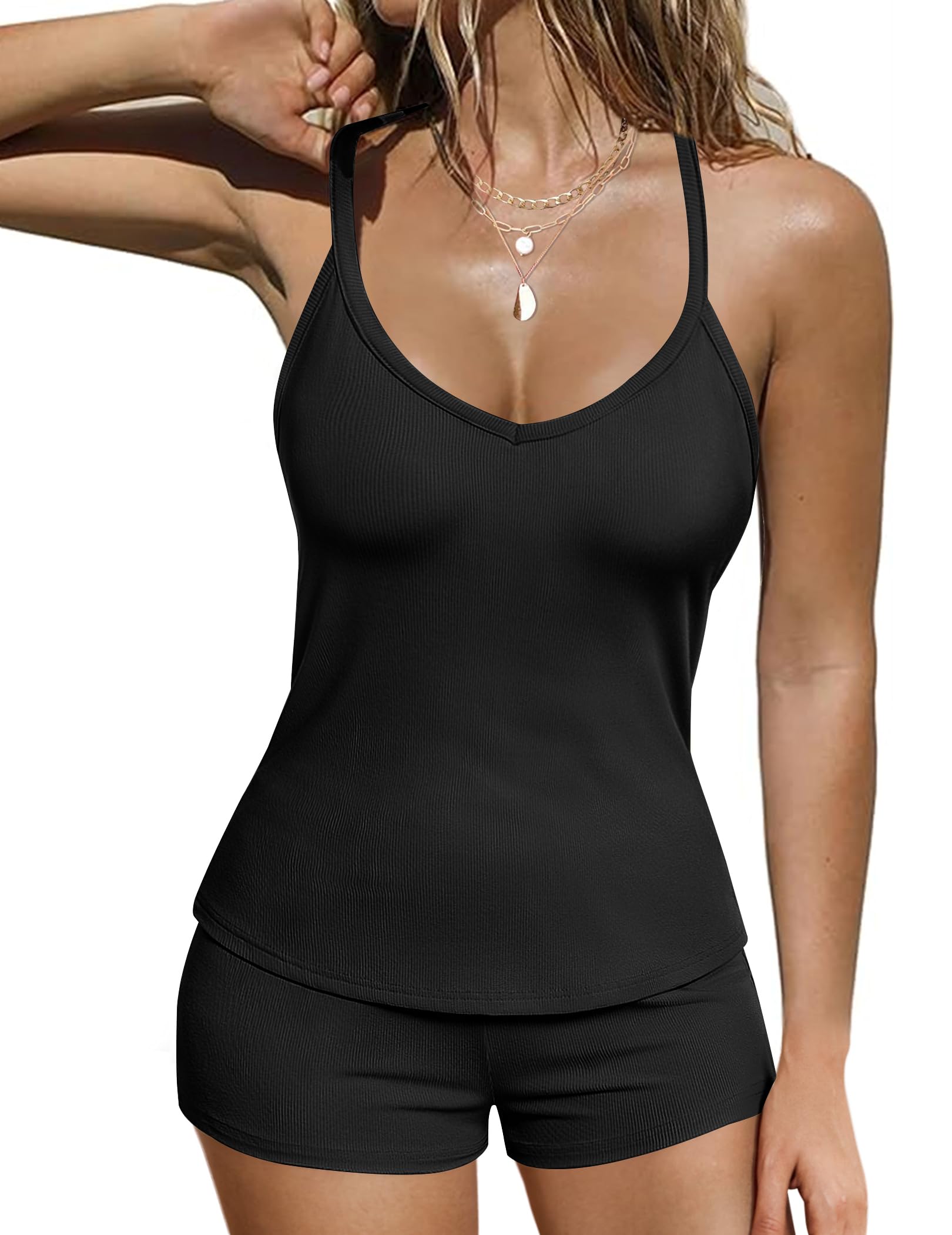 Ekouaer Ribbed Cami Pajamas Set 2 Piece Rib Knit Camisoles Pjs Racerback Tank Top with Shorts Lounge Sets for Women