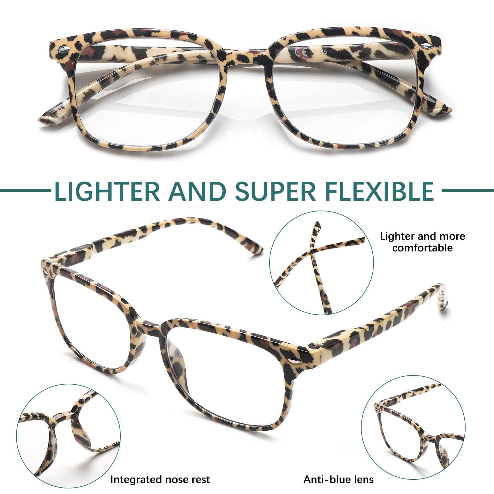 Pack de 5 gafas de lectura azul con bloqueo de luz para mujer, lector de ordenador con colgador de resorte