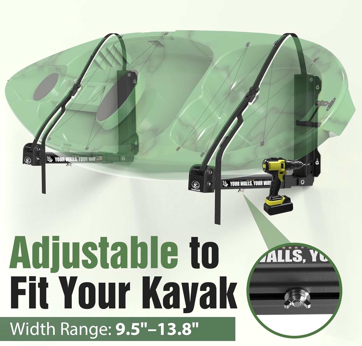 GanFindX Foldable Kayak Wall Rack | Heavy-Duty 11.8-17" Kayak Storage Rack Hanger & Plastic Buckle Straps, Indoor/Outdoor Cradles for Canoe, Kayak, Paddle Board, Surfboard, Snowboard (Bright Black)