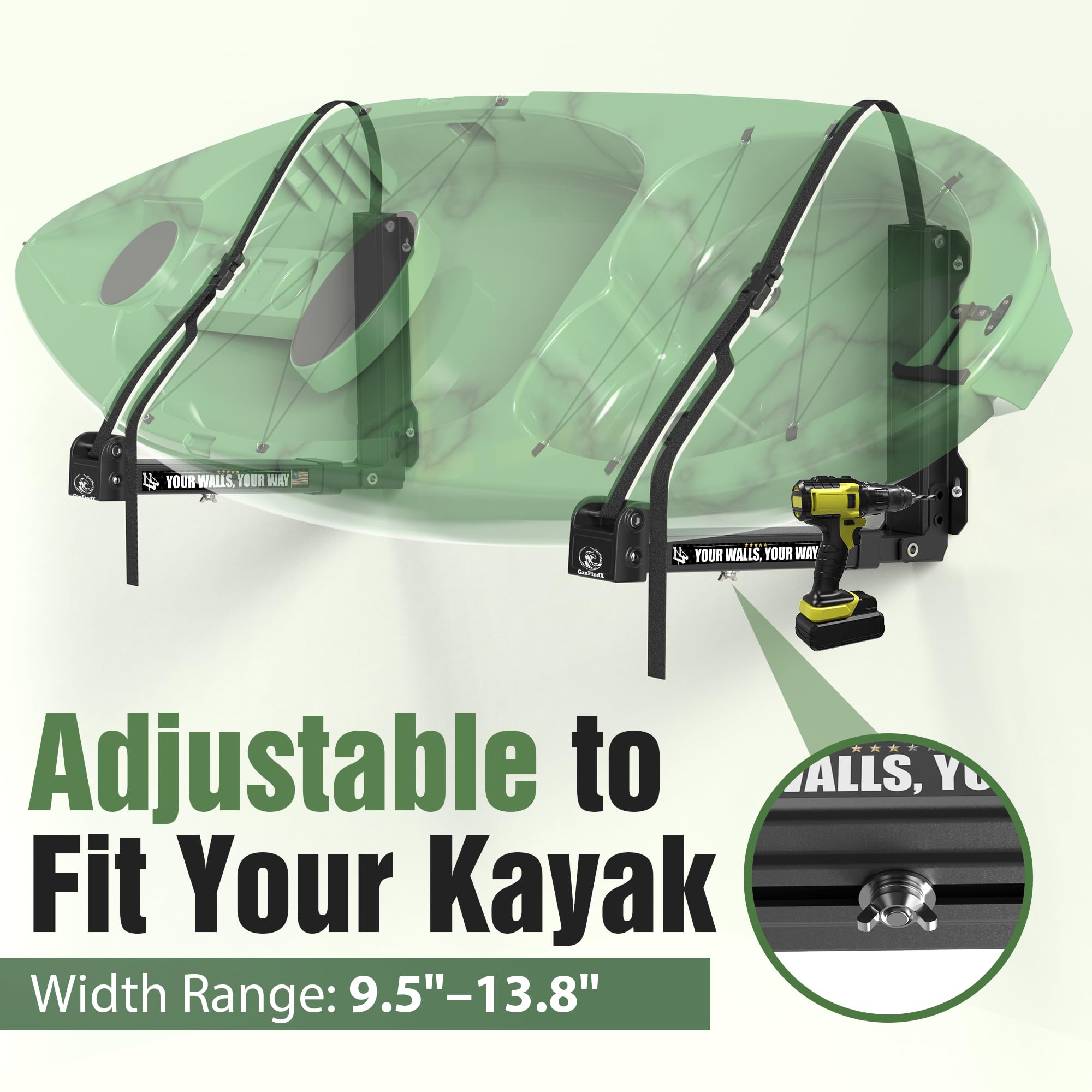 GanFindX Foldable Kayak Wall Rack | Heavy-Duty 11.6-17 Inch Kayak Storage Rack Hanger and Metal Buckle Straps, Indoor/Outdoor Holders for Canoe, Kayak, Paddle Board, Surfboard, Snowboard (Bright Black