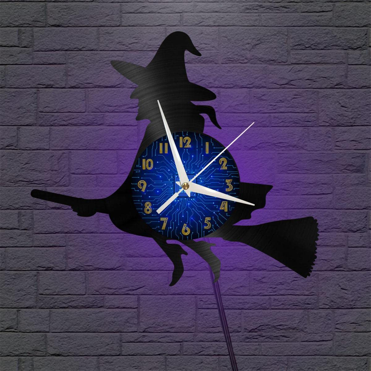 Horloge d'enregistrement en vinyle art mural noir sorcière lumineuse LED