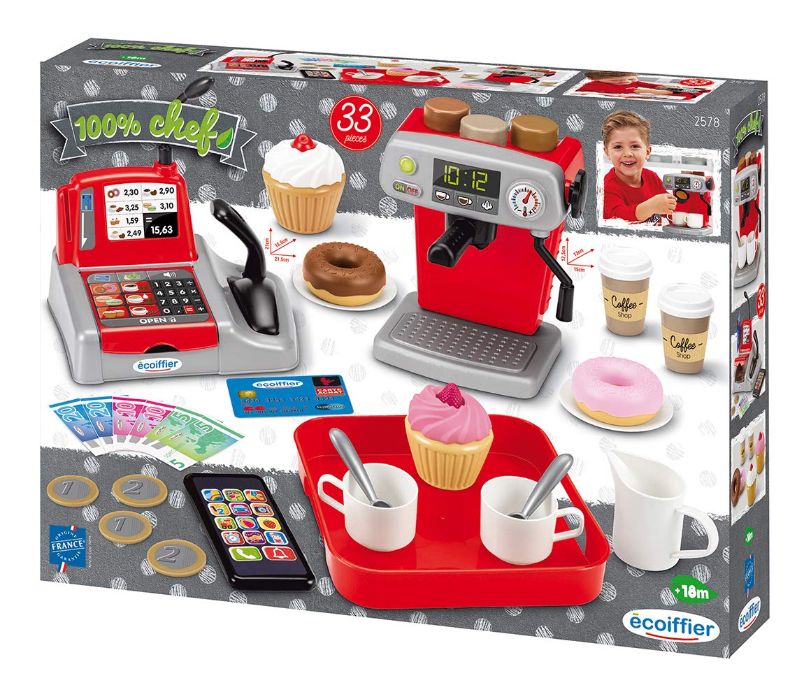 EcoiffierCoffee Shop - Playset with Coffee Maker, Donuts, Coffee Service, Cashier, Play Money, Mini Smartphone, for Children from 18 Months