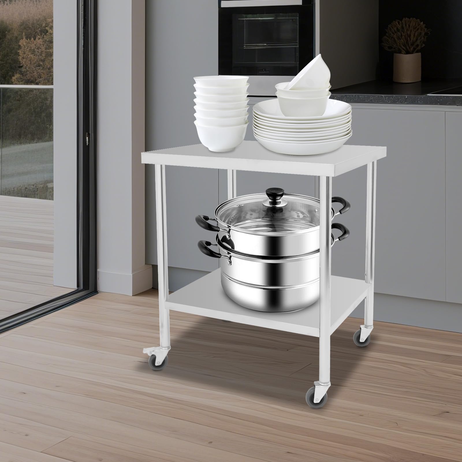 Banco de trabajo de acero inoxidable con ruedas, 76 x 60 x 85 cm, mesa de preparación de alimentos, mesa de trabajo comercial, para cocina, bar, restaurante, plata