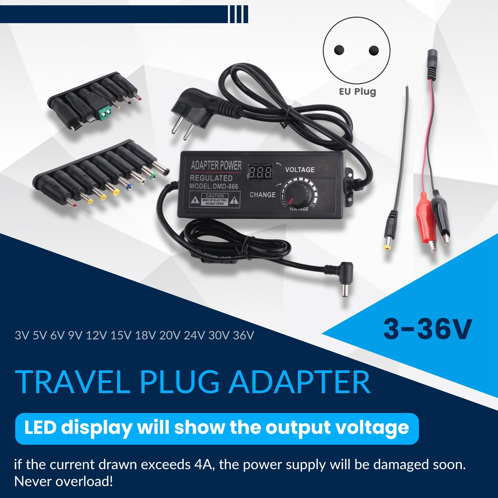 Alimentatore universale 3-36 V 4 A 144 W 3 V 5 V 6 V 9 V 12 V 15 V 18 V 20 V 24 V 30 V 36 V commutazione variabile regolabile spina UE