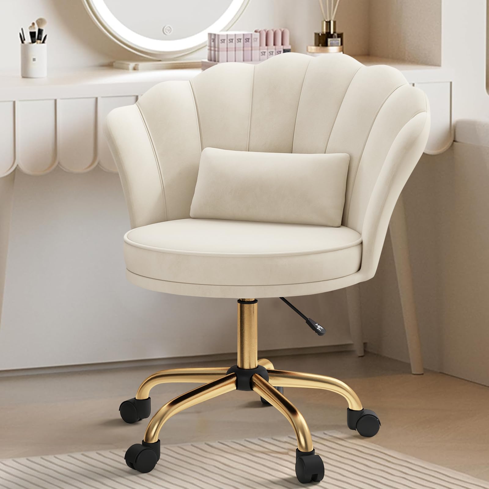 Silla de Tocador Moderna Sin cojín de Terciopelo con Respaldo Floral, Altura Ajustable y Giro de 360°, Silla Escritorio y Silla de Maquillaje Giratoria para Dormitorio, Comedor, Beige